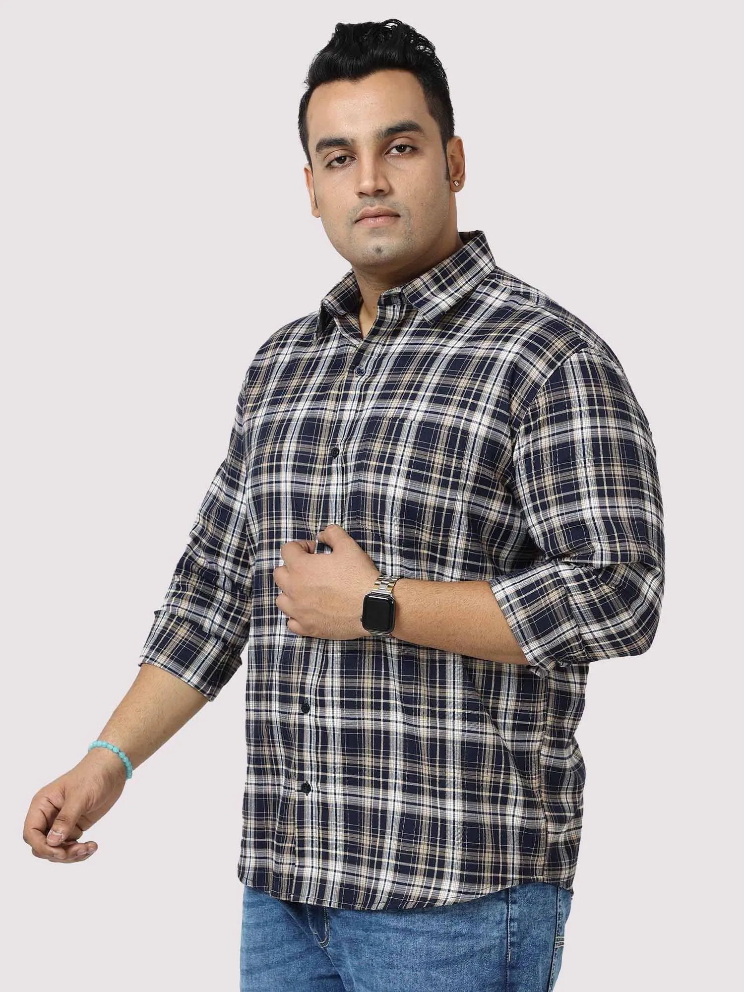 Brown on White Checkered Cotton Full Shirt Men's Plus Size