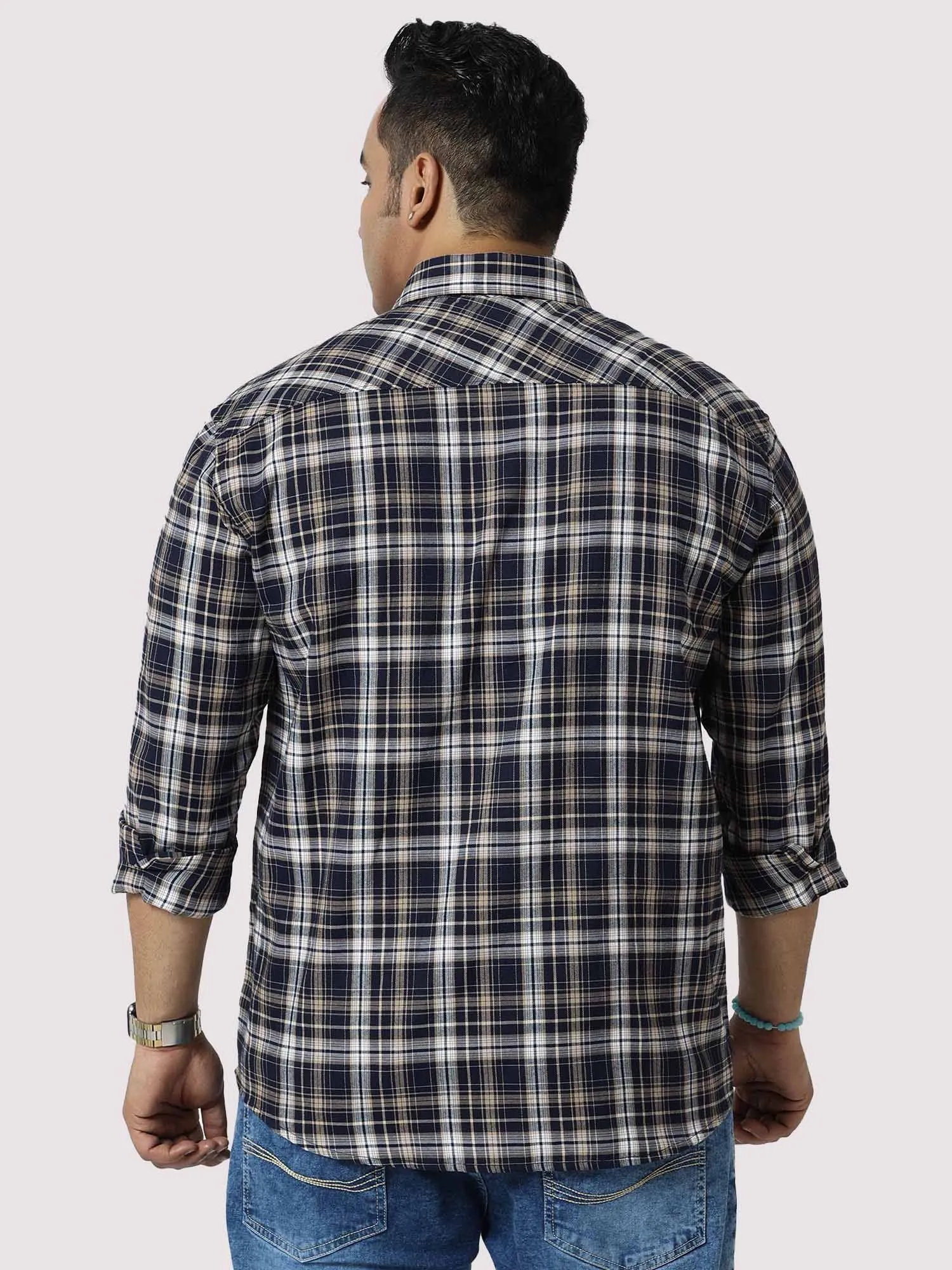 Brown on White Checkered Cotton Full Shirt Men's Plus Size