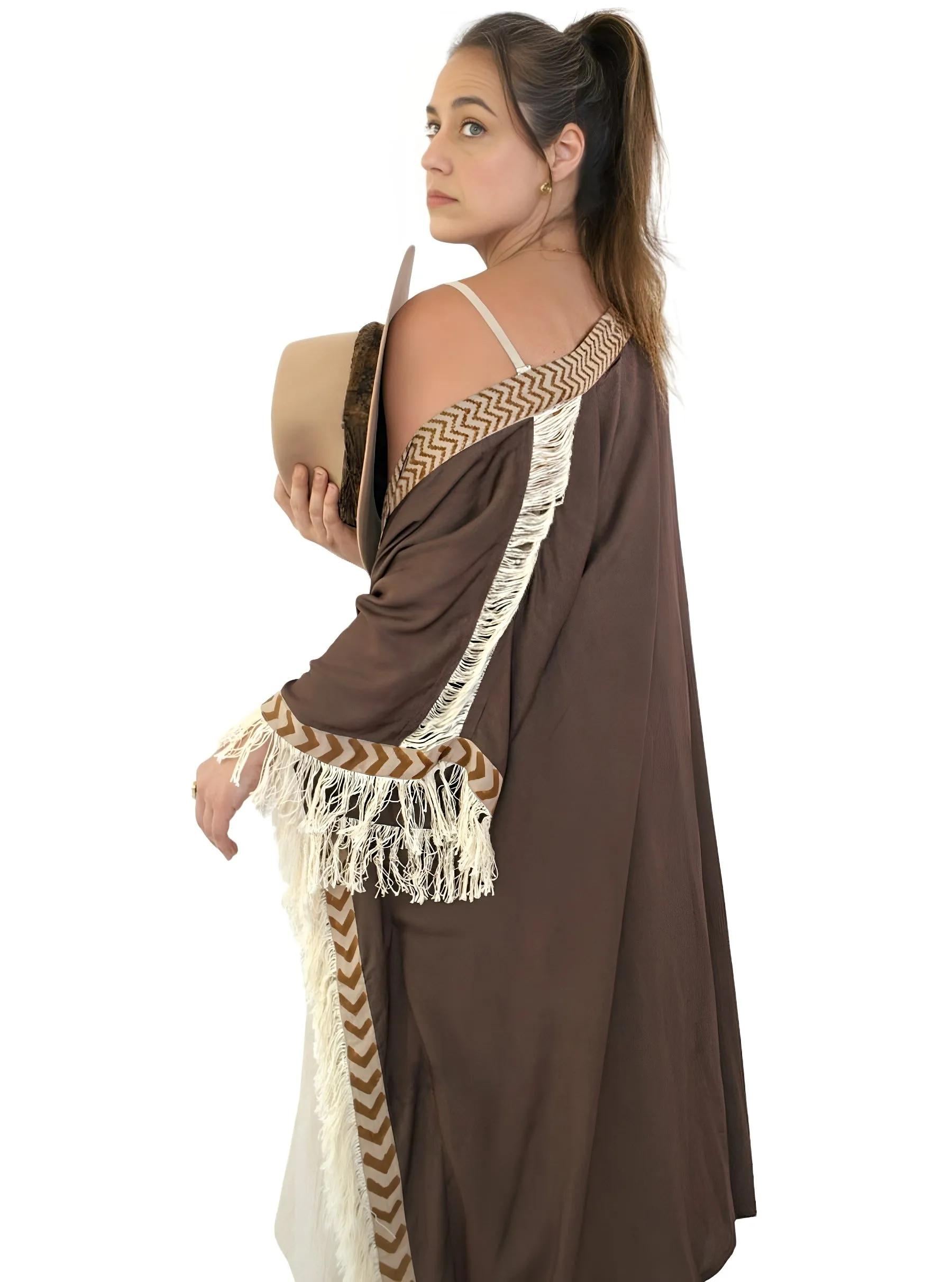 Cacao Closed-Back Fringe Poncho