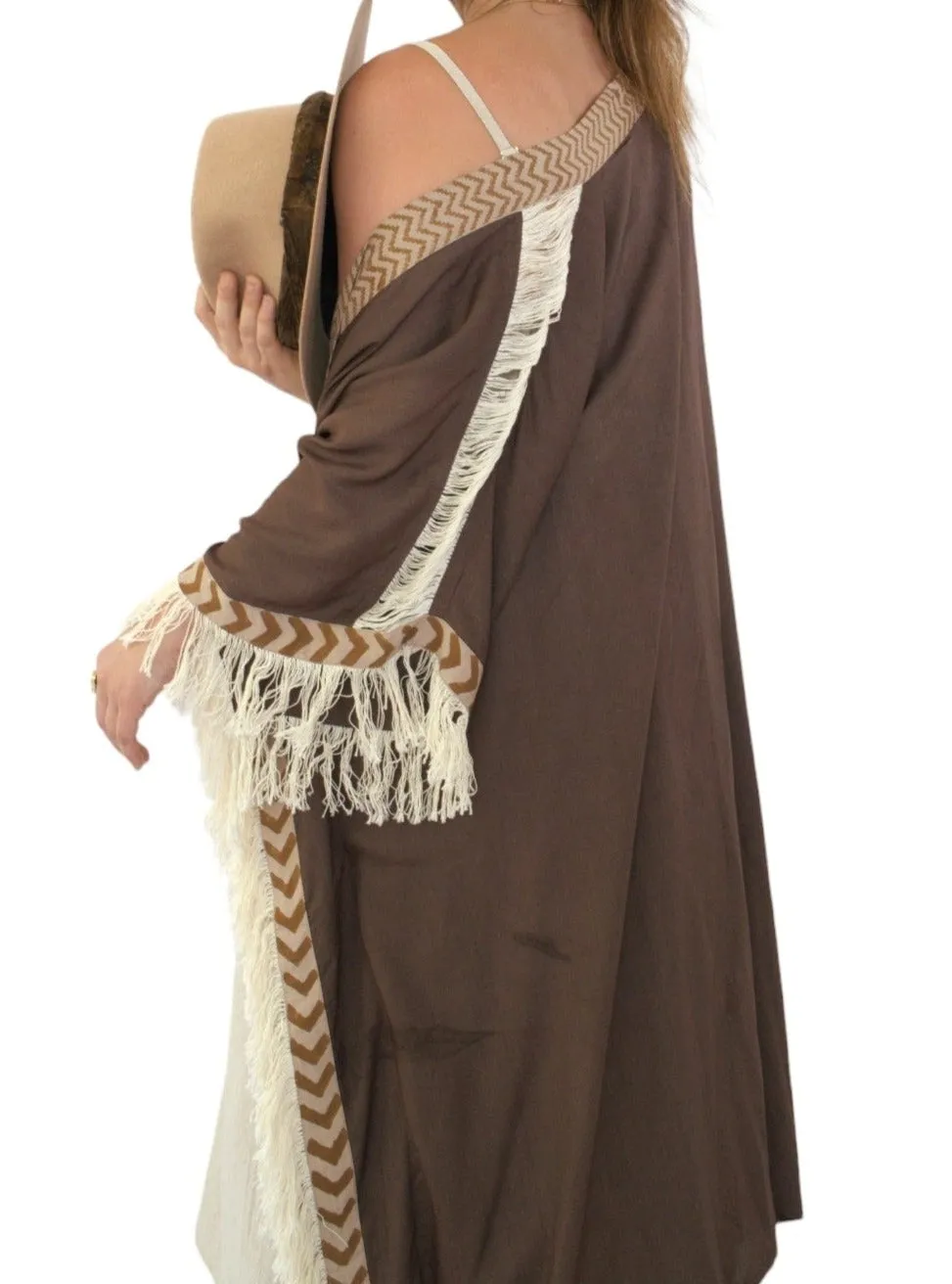 Cacao Closed-Back Fringe Poncho