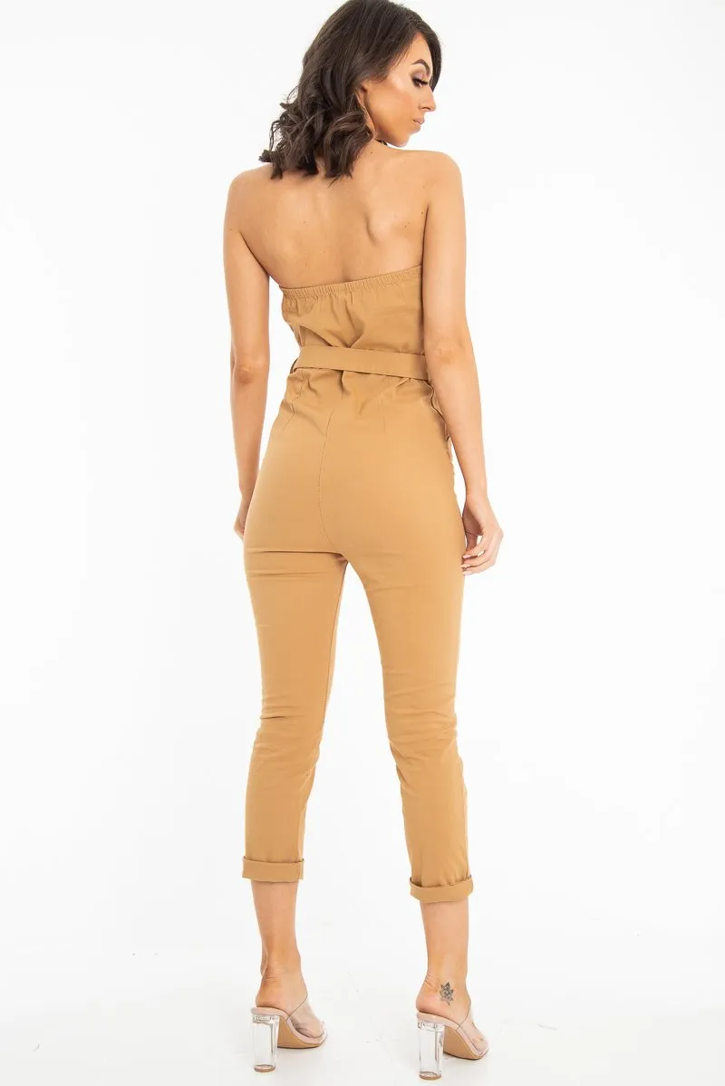 Camel Tie Waist Sleeveless Jumpsuit - Tamya