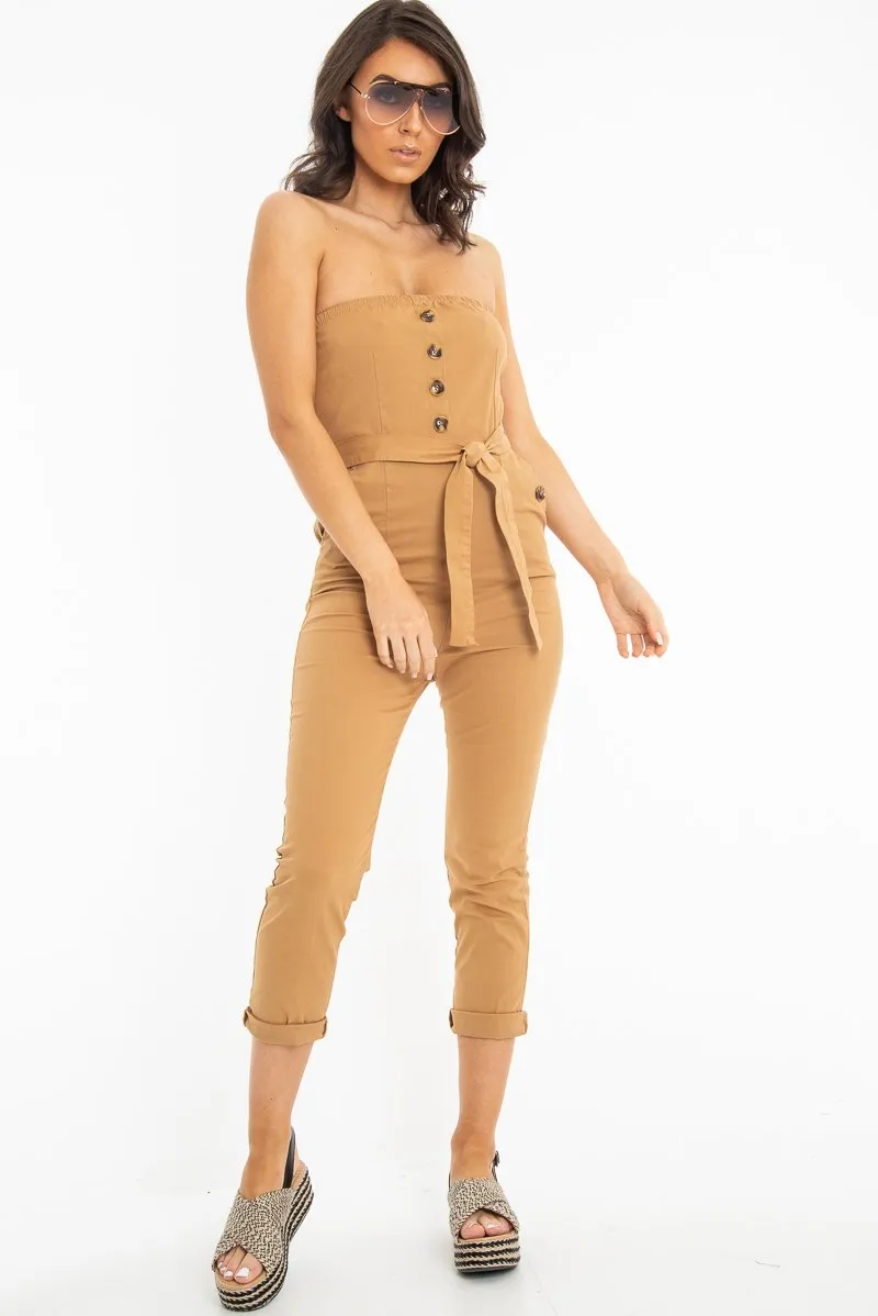 Camel Tie Waist Sleeveless Jumpsuit - Tamya