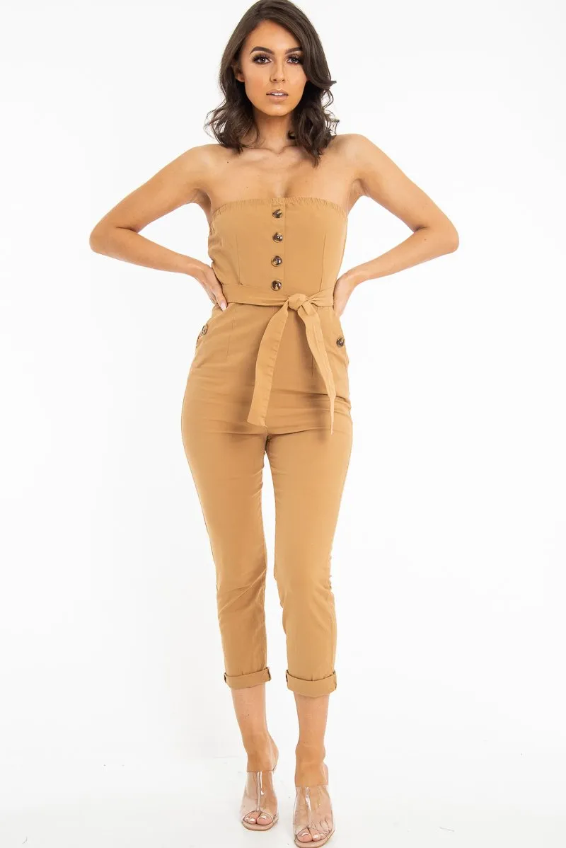 Camel Tie Waist Sleeveless Jumpsuit - Tamya