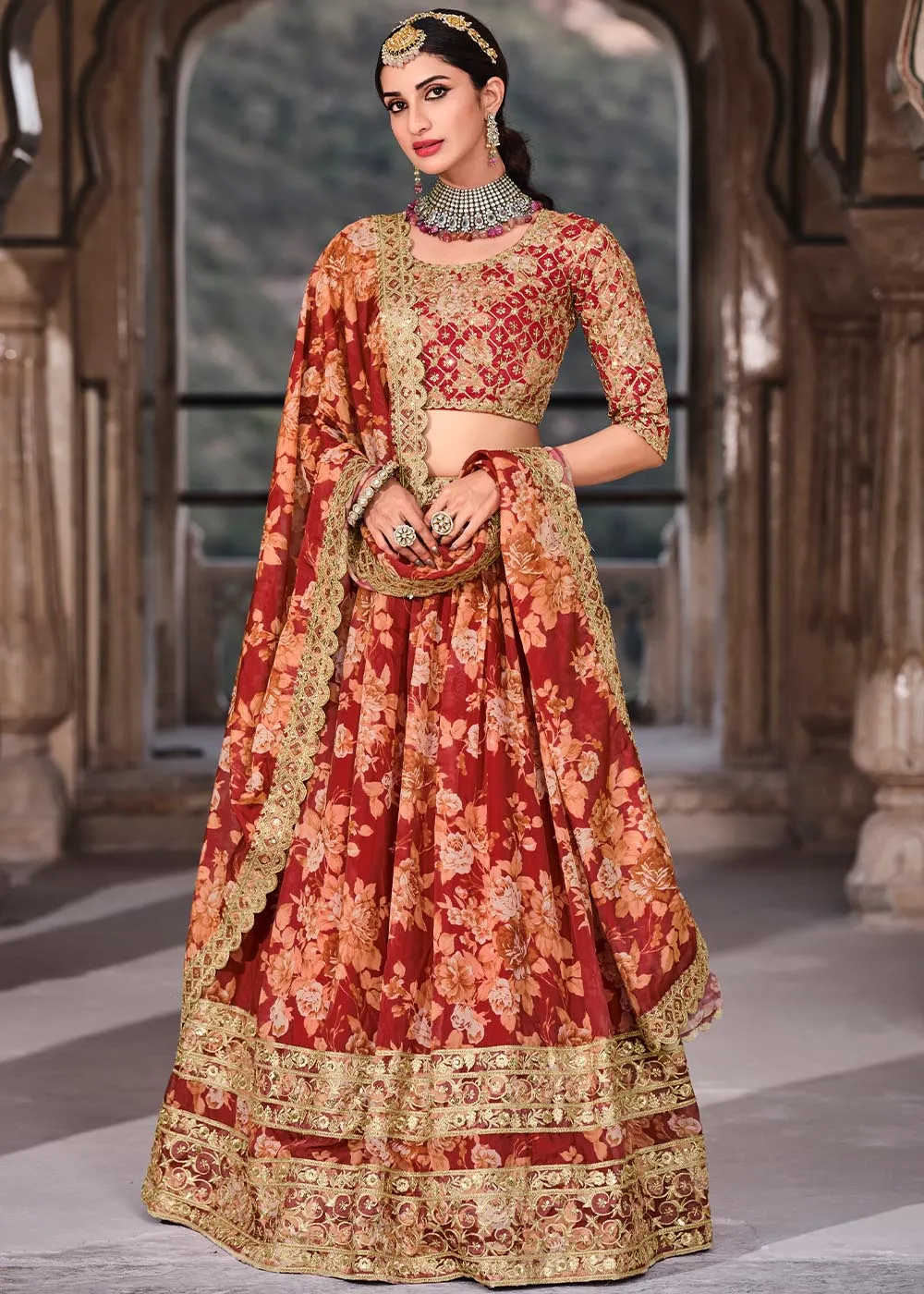 Carmine Red Floral Printed Organza Lehenga with Zari, Dori & Sequins Work