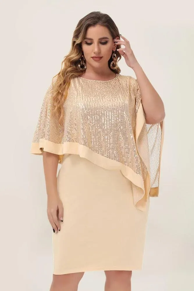 Champagne Sequined Capelet Decorated Scoop Neck Bodycon Dress