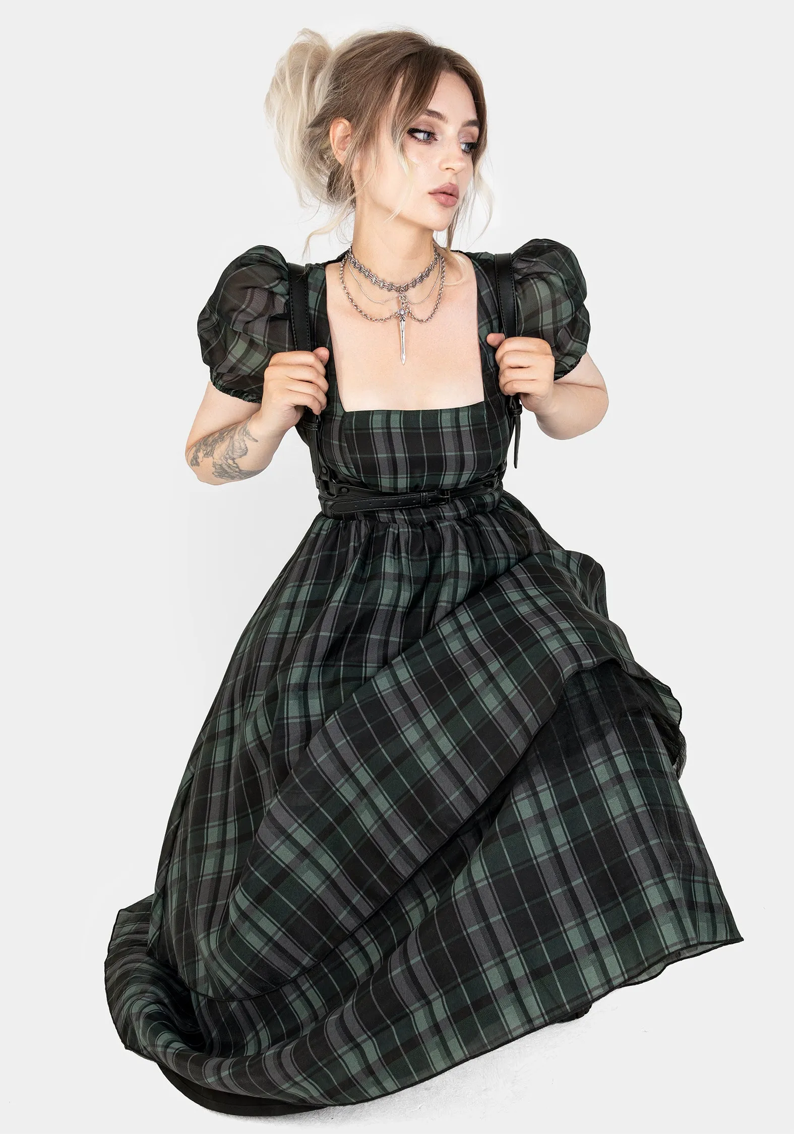 Checkmate Puff Sleeve Layered Organza Midi Dress