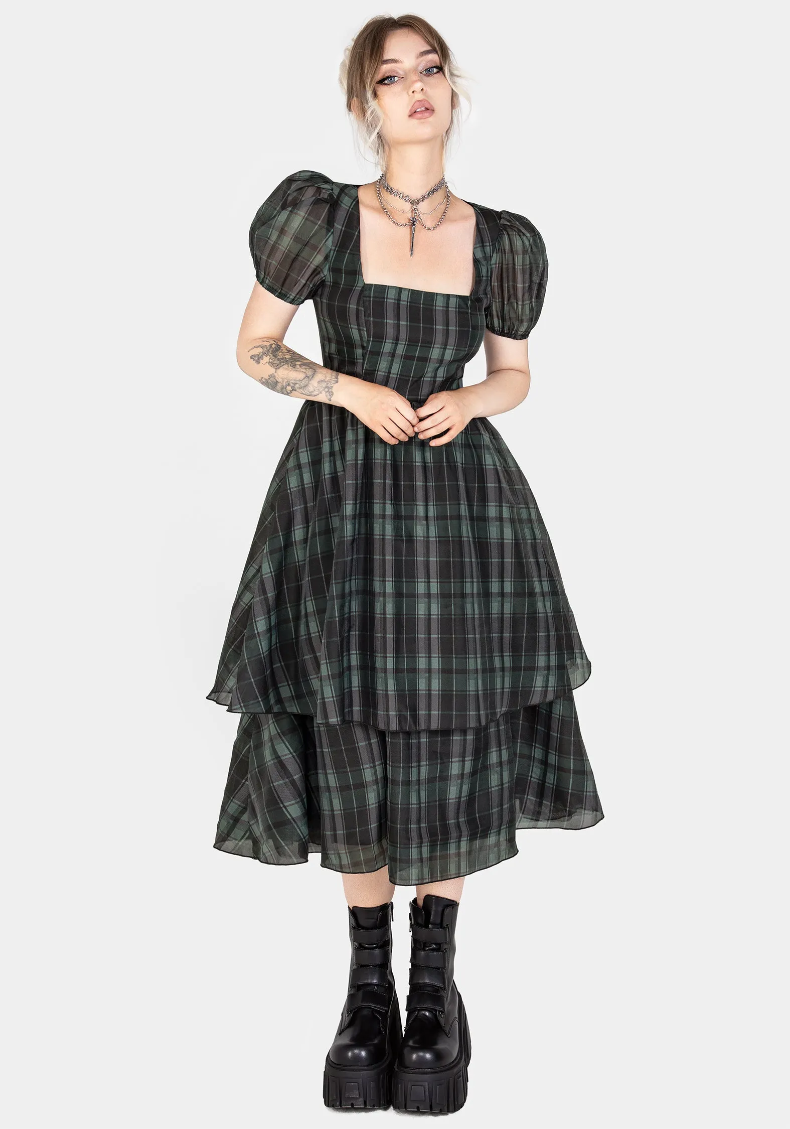 Checkmate Puff Sleeve Layered Organza Midi Dress