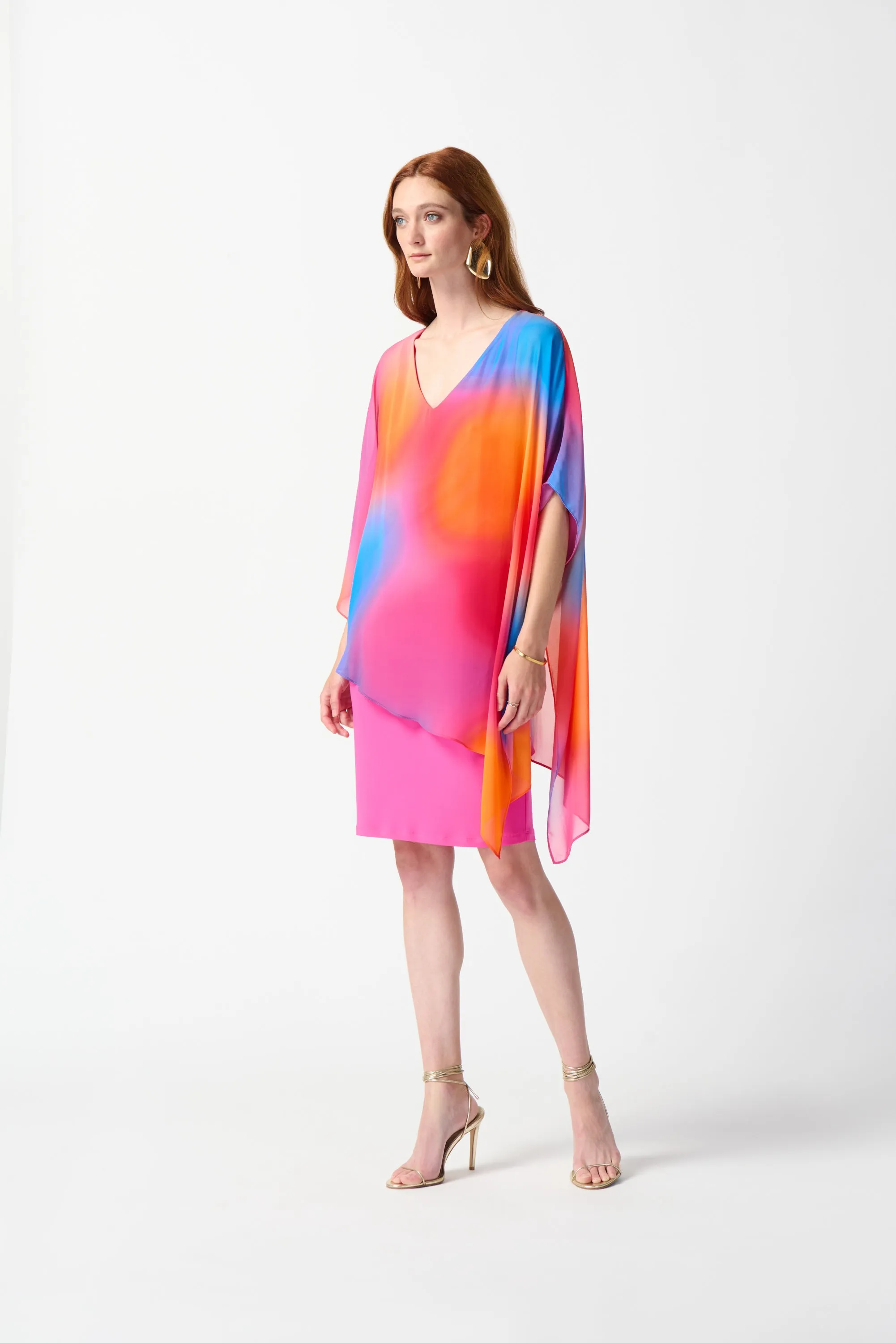 Chiffon Ombré Print Layered Poncho Dress