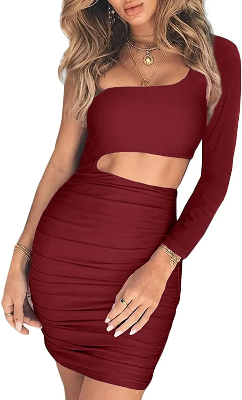 CHYRII Women's Sexy One Shoulder Sleeveless Cutout Ruched Bodycon Mini Club Dress