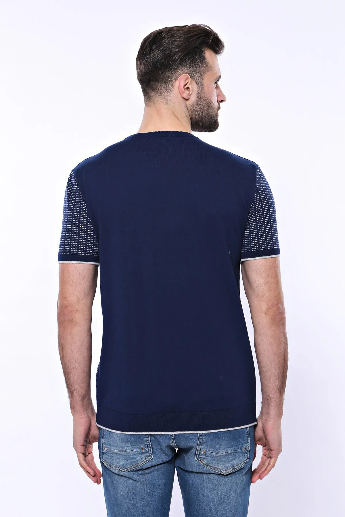 Circle Neck Patterned Navy Knitted T-Shirt - Wessi