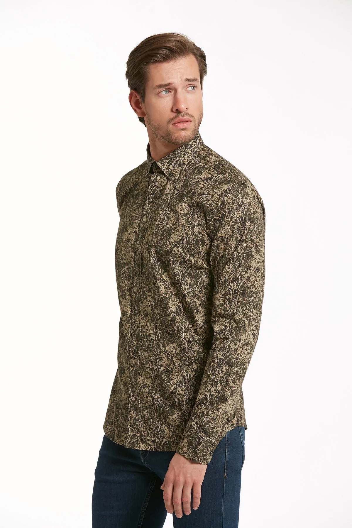 Comfort Fit Brush Stroke Printed Cotton Khaki Casual Shirt