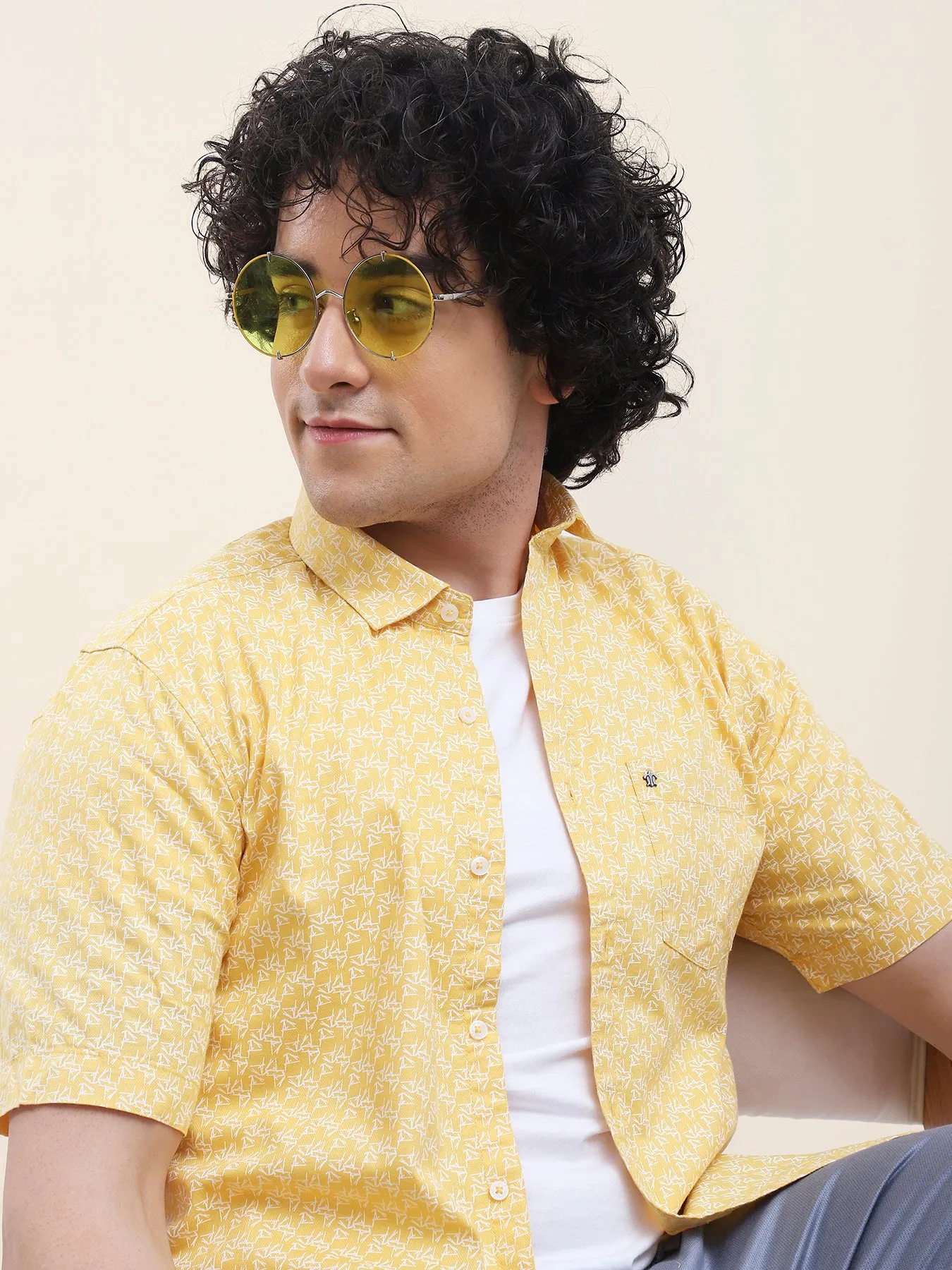 Cotton Yellow Printed Half Sleeve Casual Shirt