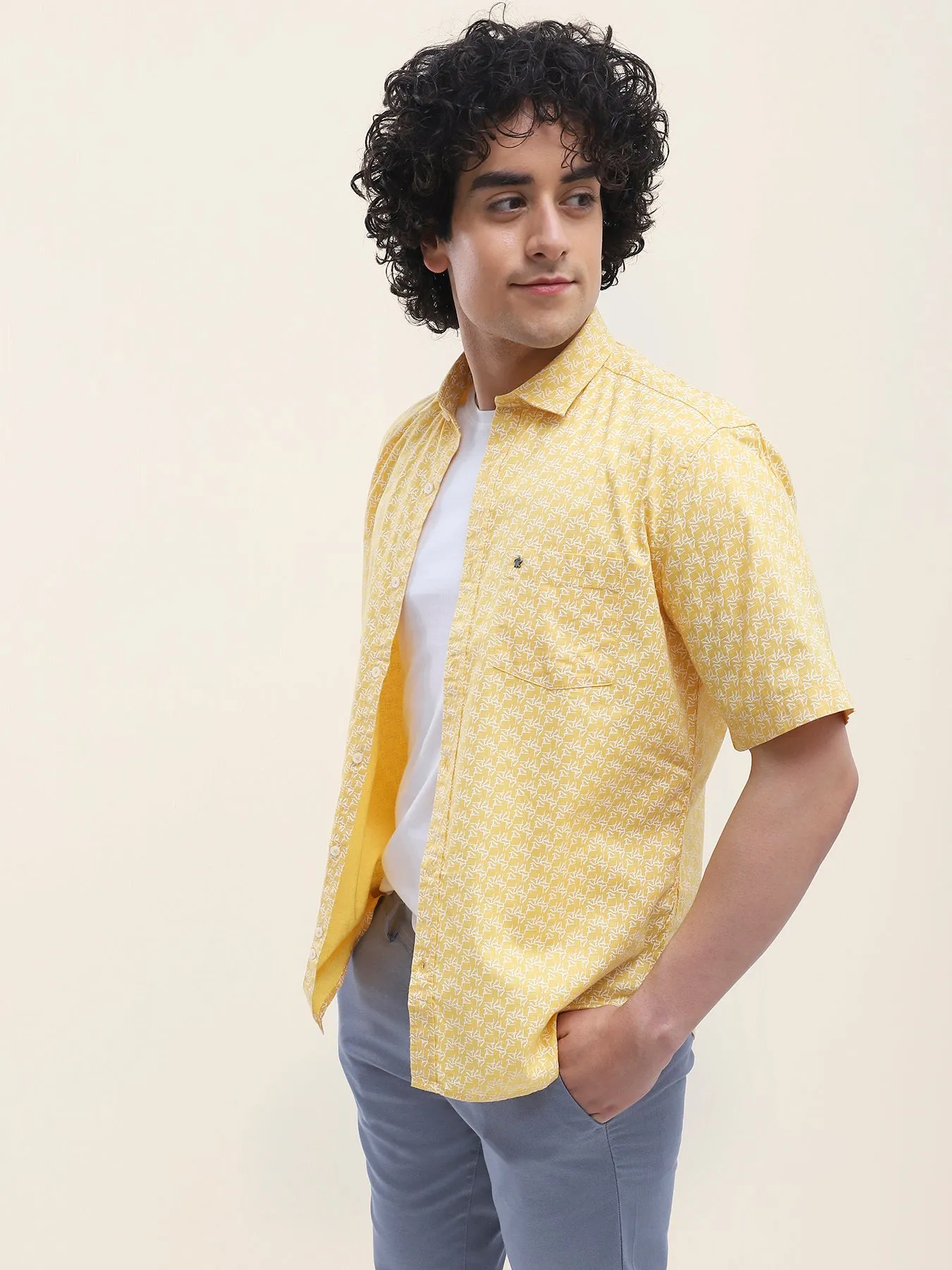 Cotton Yellow Printed Half Sleeve Casual Shirt