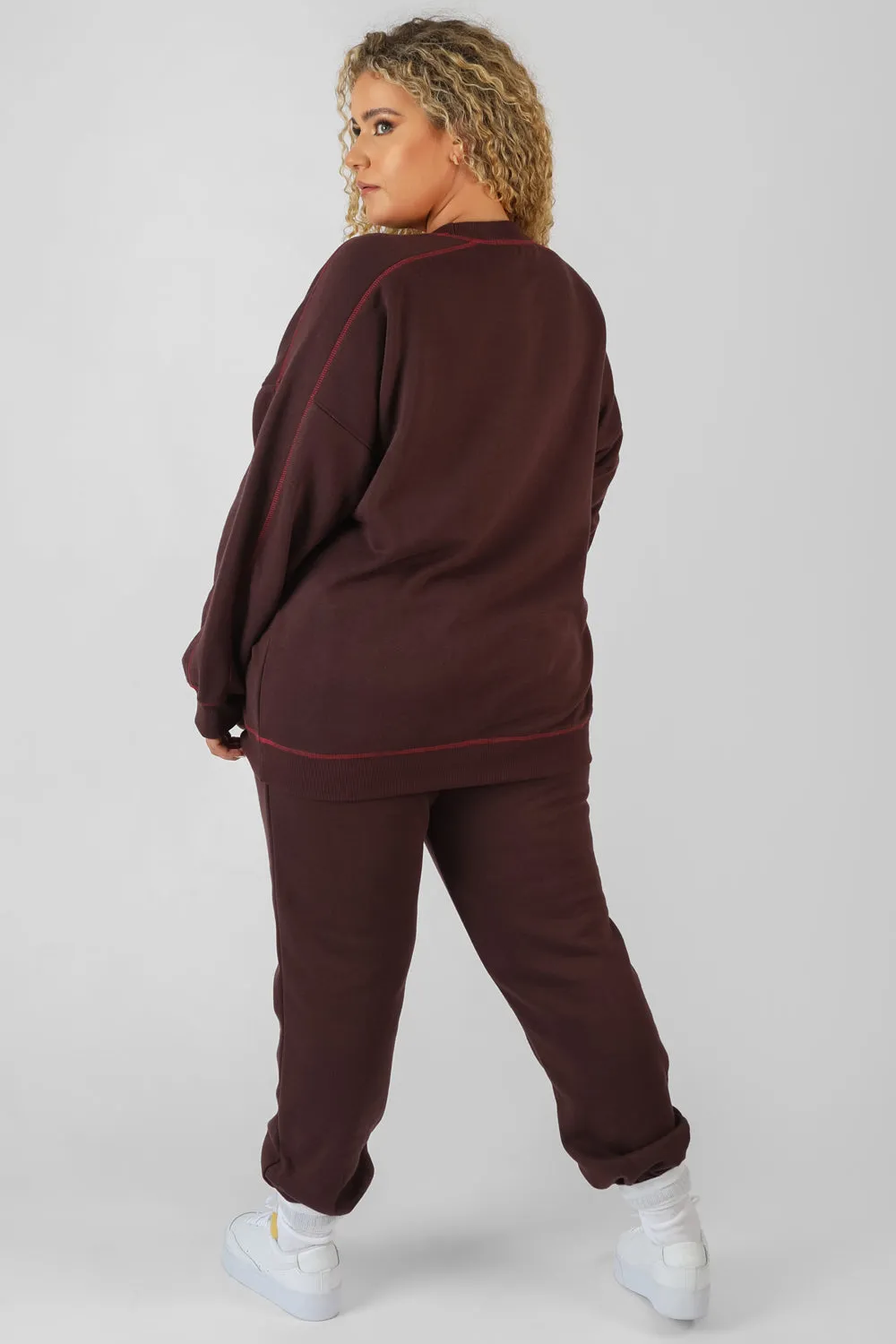 Curve Contrast Stitch 90'S Joggers Aubergine