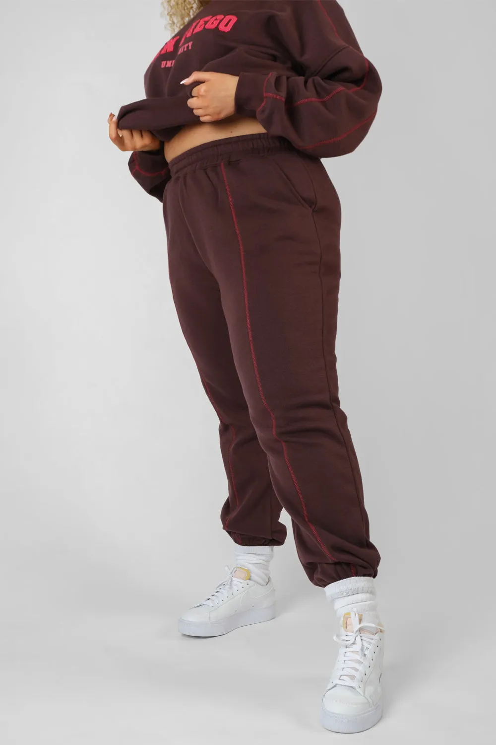 Curve Contrast Stitch 90'S Joggers Aubergine