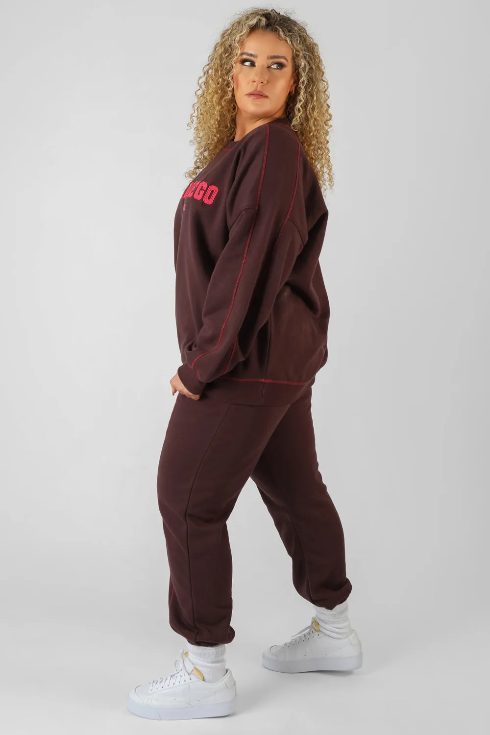 Curve Contrast Stitch 90'S Joggers Aubergine