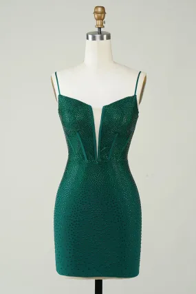 Dark Green Sparkly Bodycon Spaghetti Strap Short Homecoming Dress with Beading