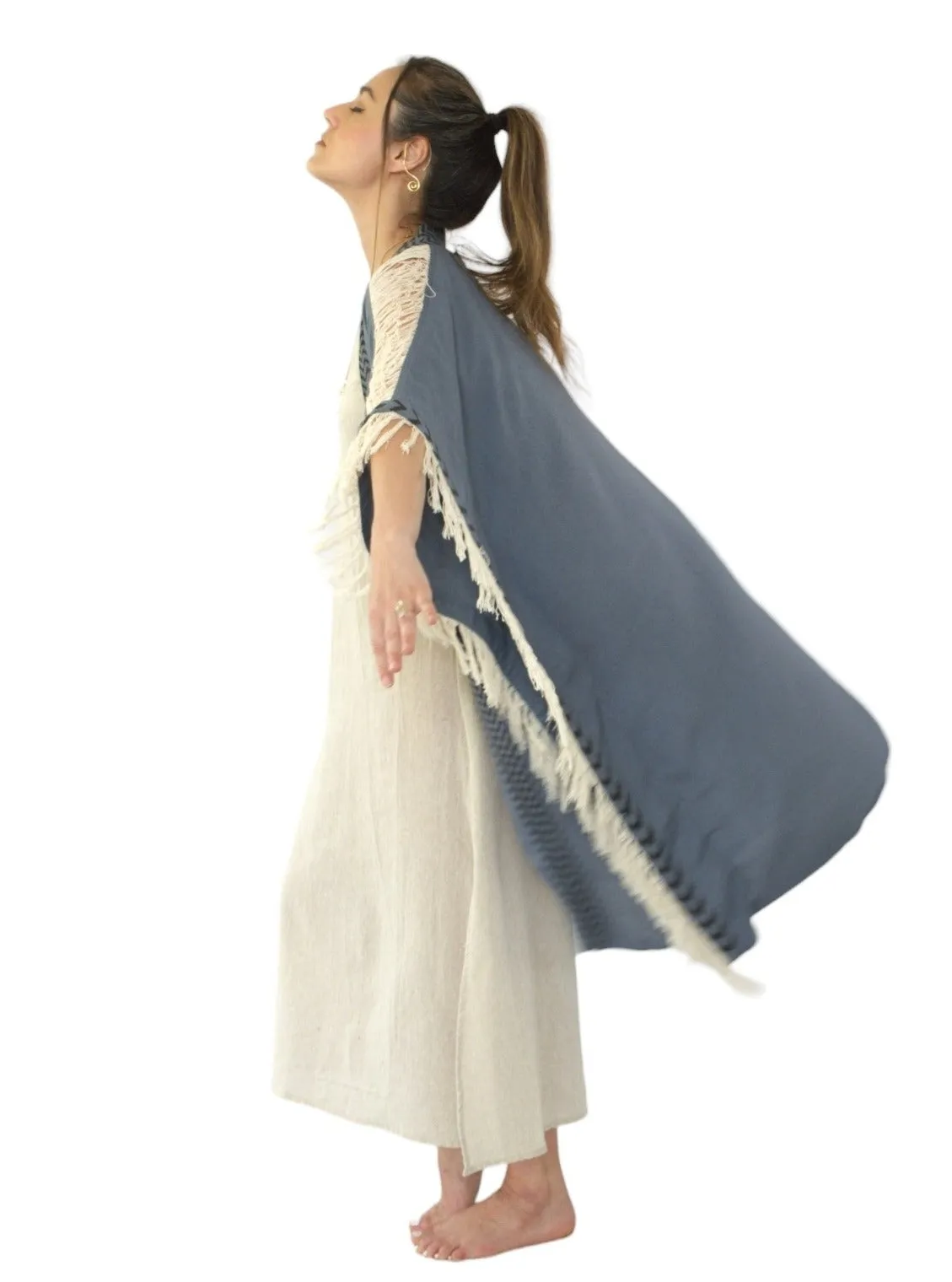 Denim Blue Closed-Back Fringe Poncho