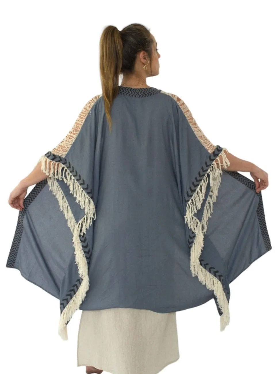 Denim Blue Closed-Back Fringe Poncho