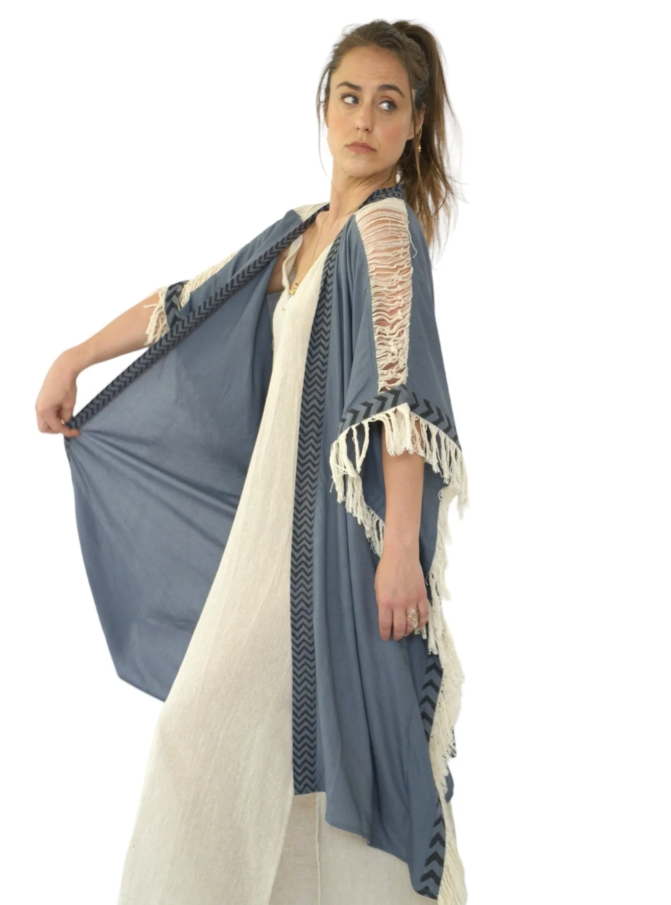 Denim Blue Closed-Back Fringe Poncho