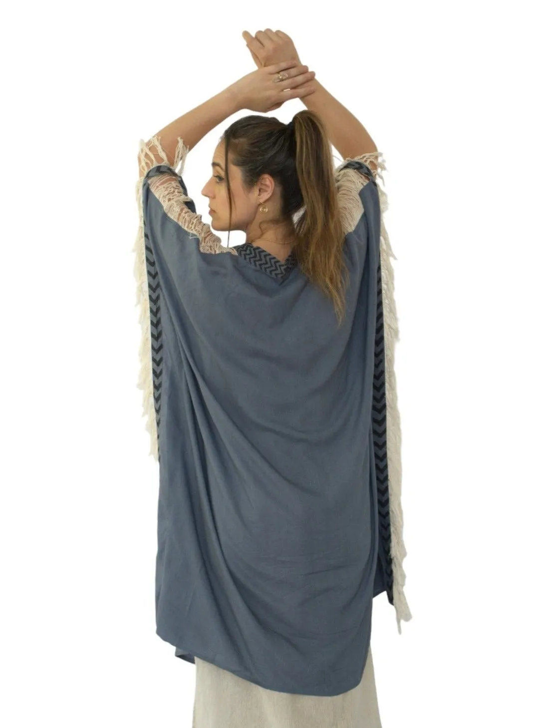 Denim Blue Closed-Back Fringe Poncho