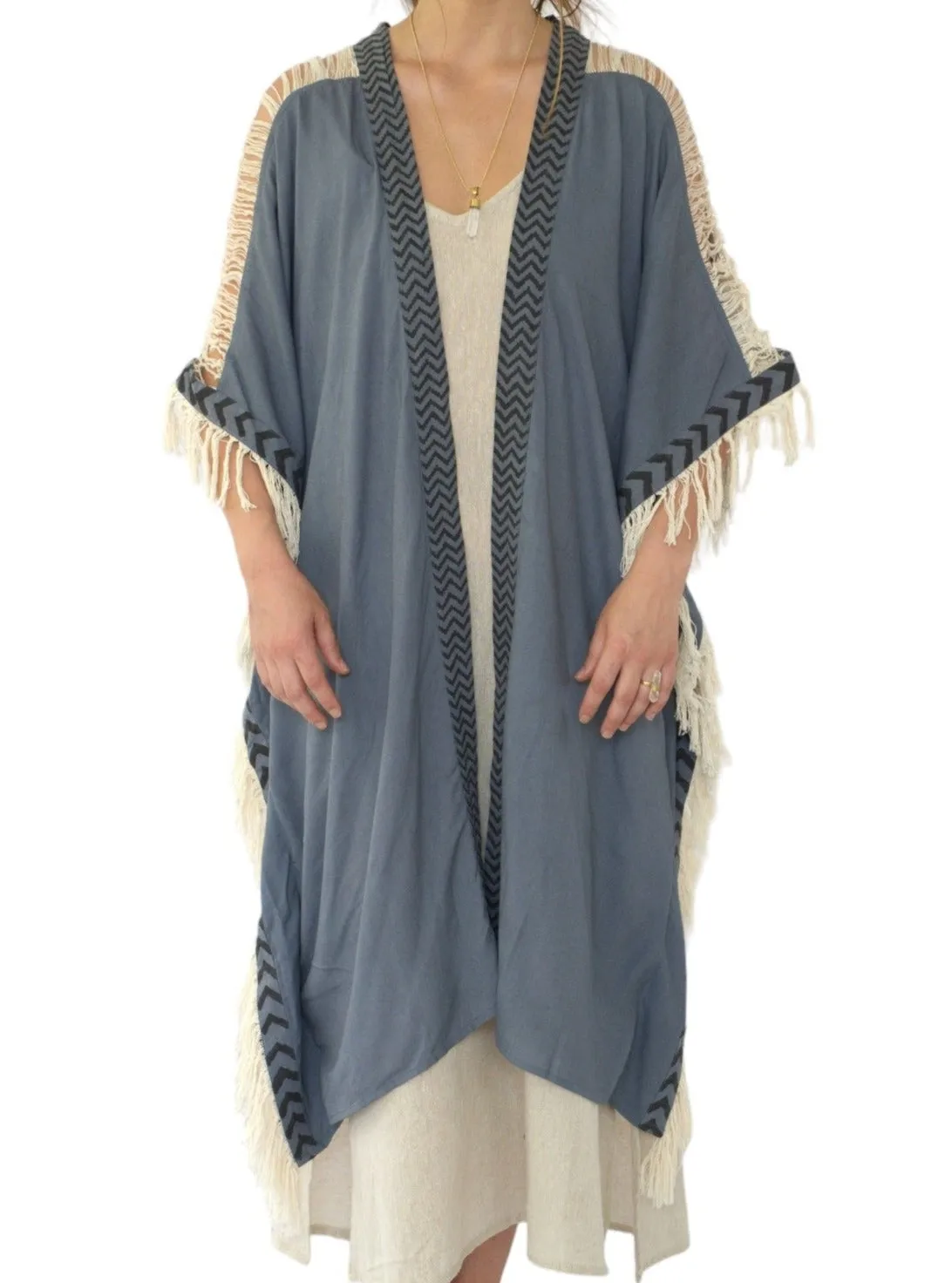 Denim Blue Closed-Back Fringe Poncho