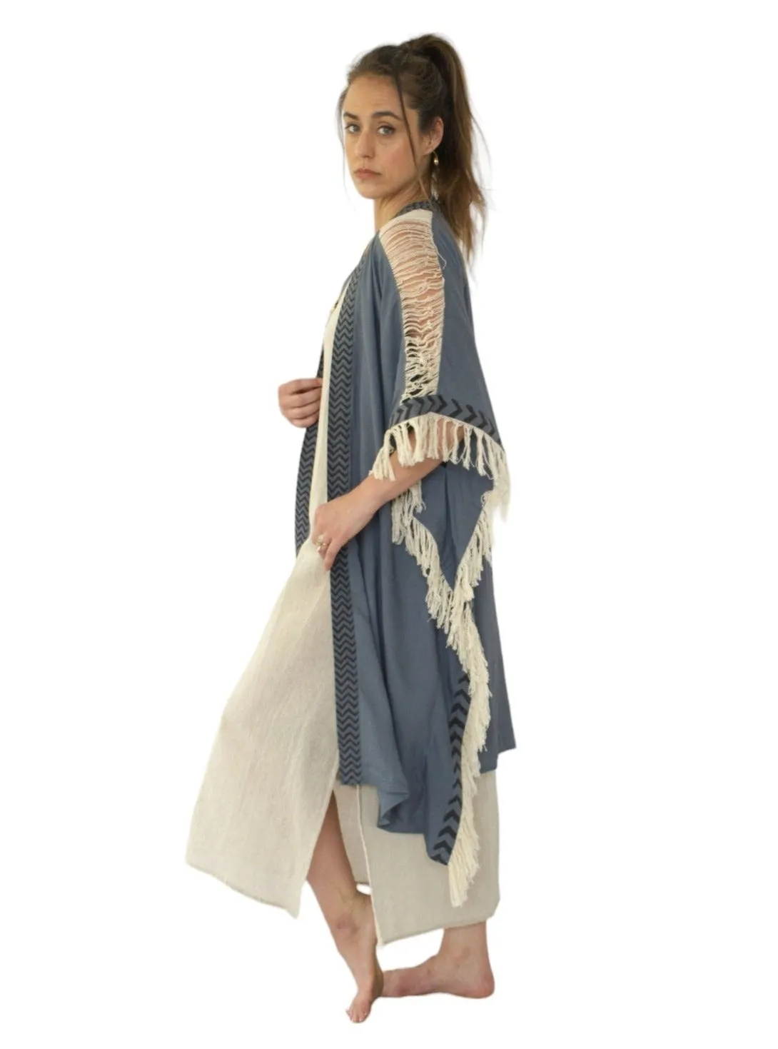 Denim Blue Closed-Back Fringe Poncho