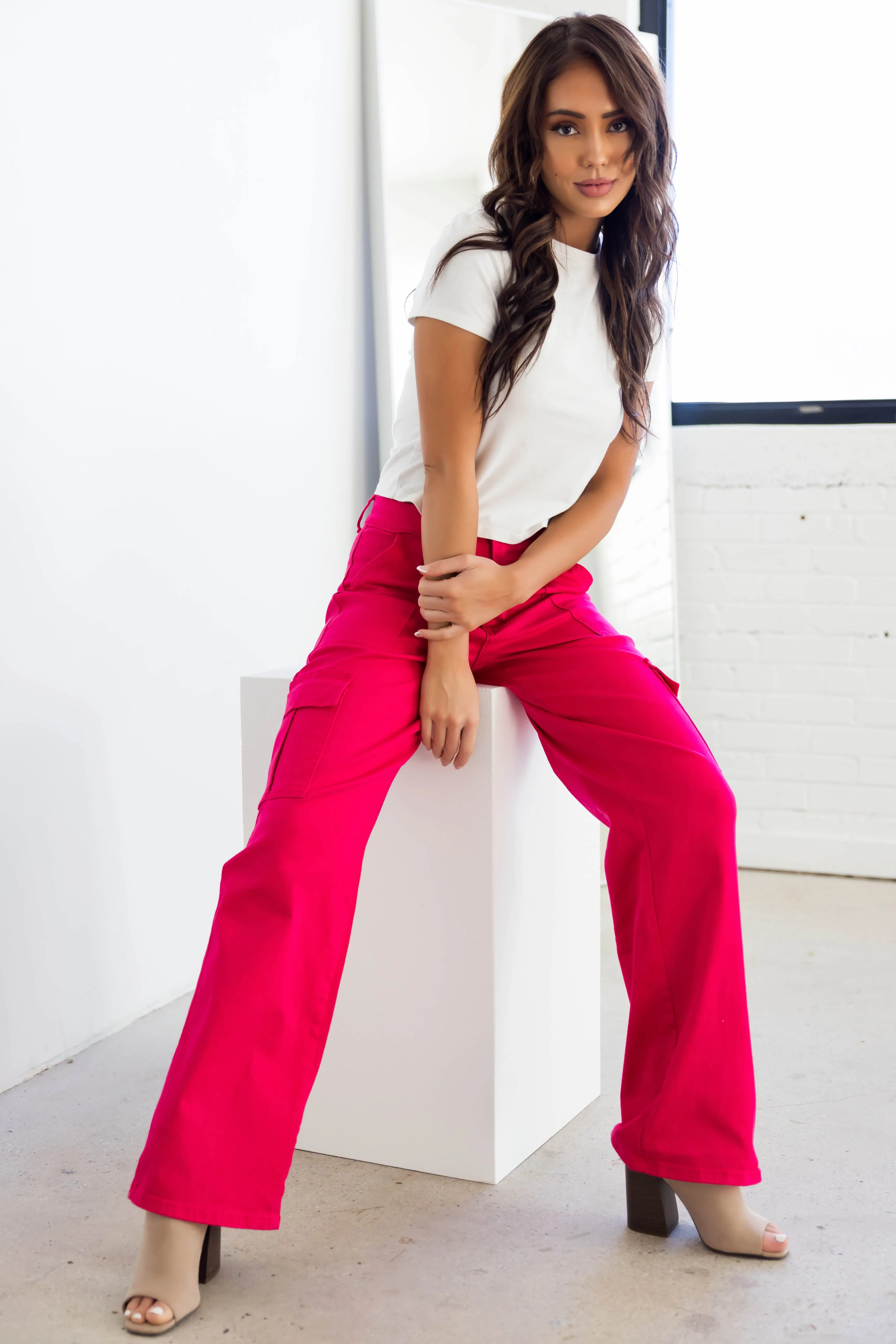 Denim Zone Hot Pink Super Stretchy Cargo Jeans