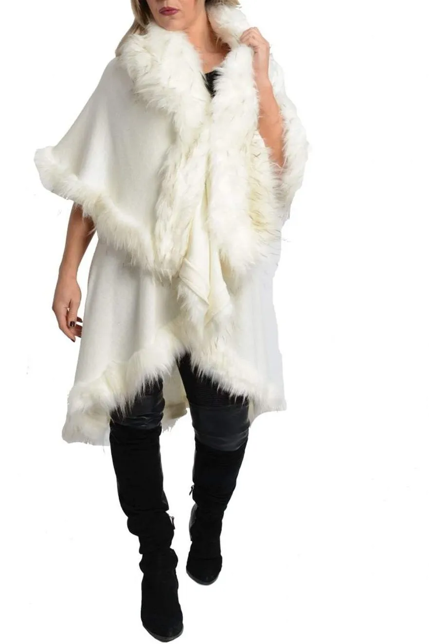 Double Layered Faux Fur Trim Poncho