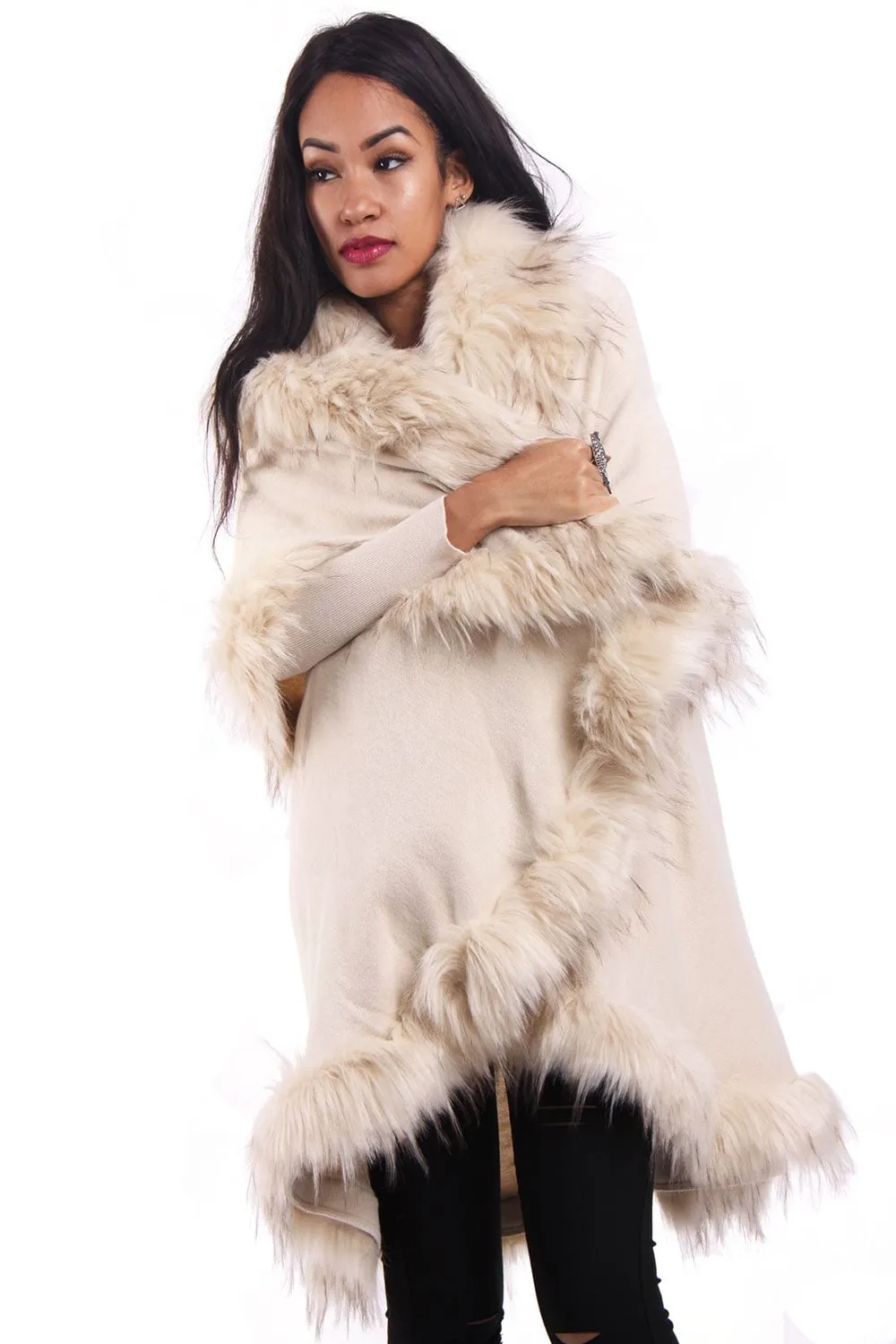 Double Layered Faux Fur Trim Poncho