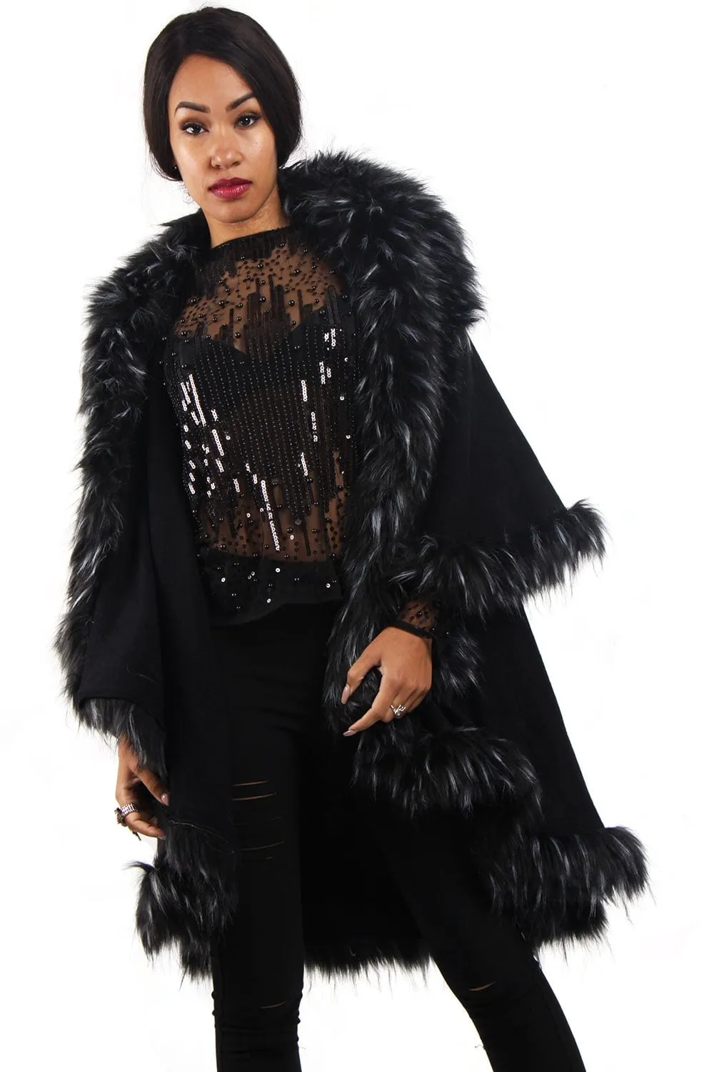 Double Layered Faux Fur Trim Poncho