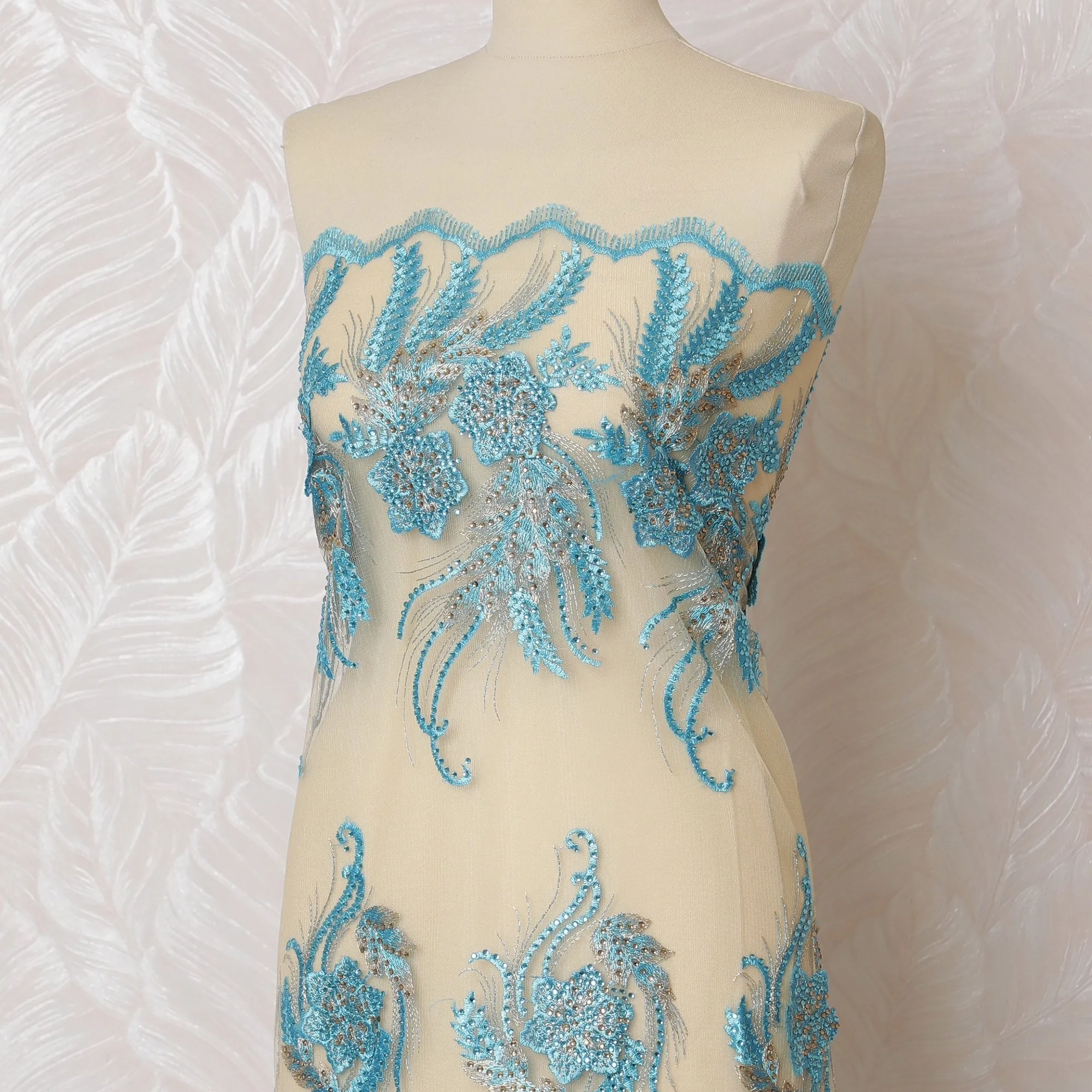 Elegant Cyan Embroidered Nylon Tulle Fabric, 140 cm Wide â€“ Exquisite Floral and Leaf Design-D19226