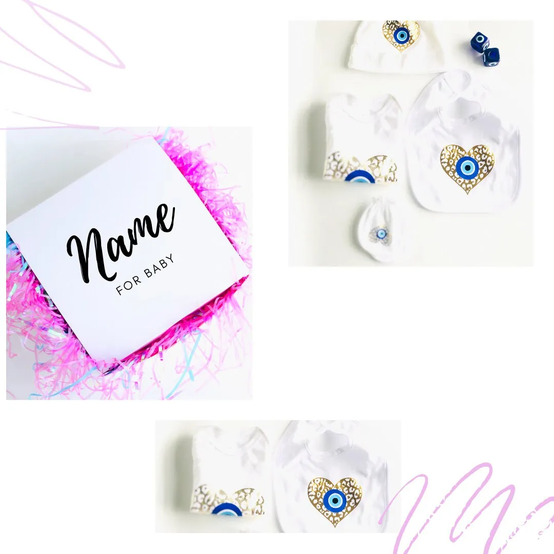 Evil Eye Design Custom Baby Gift Set With Your Baby Name Baby Onesie Evil Eye Custom Baby Bib