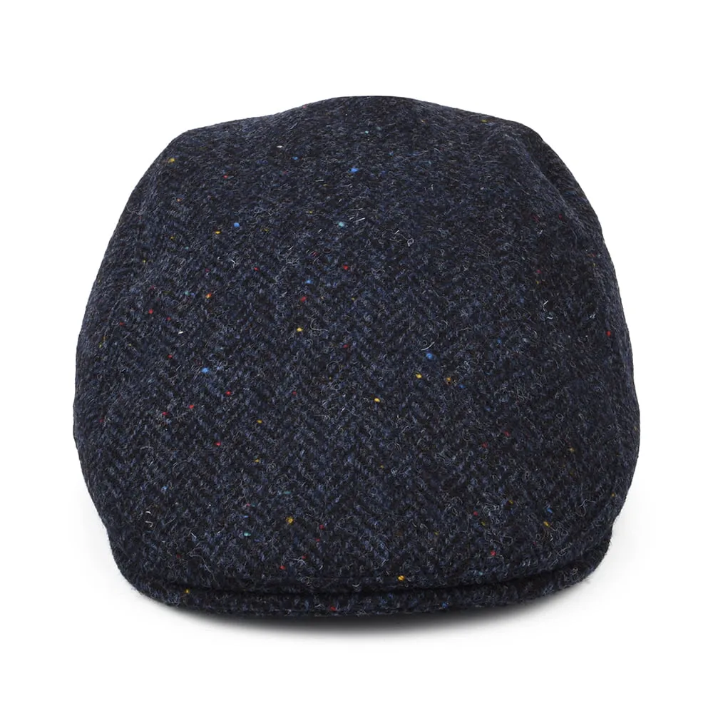 Failsworth Hats Harris Tweed Herringbone Oban Flat Cap with Earflaps - Navy Blue