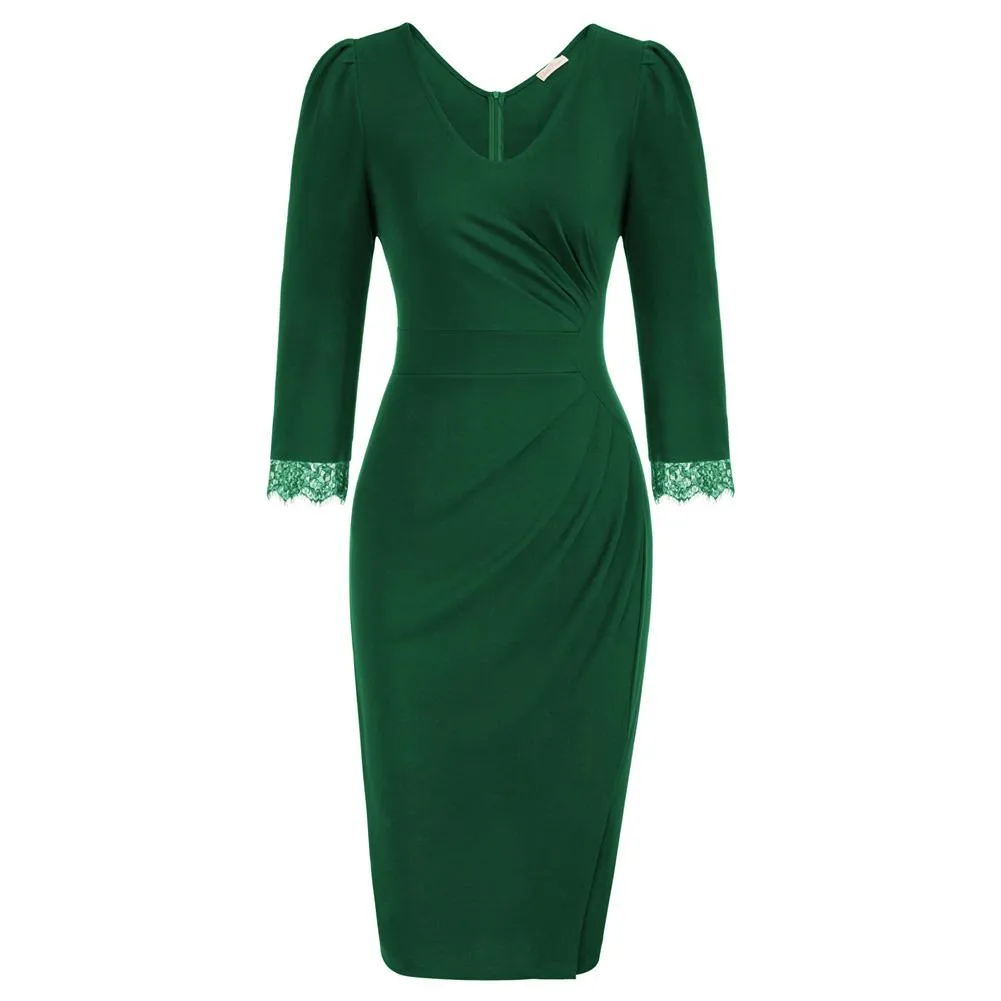 Fans Look of Retro V-Neck Lace Splicing Bodycon Dress 3/4 Puffed Sleeve Ruched Front Pencil Dress