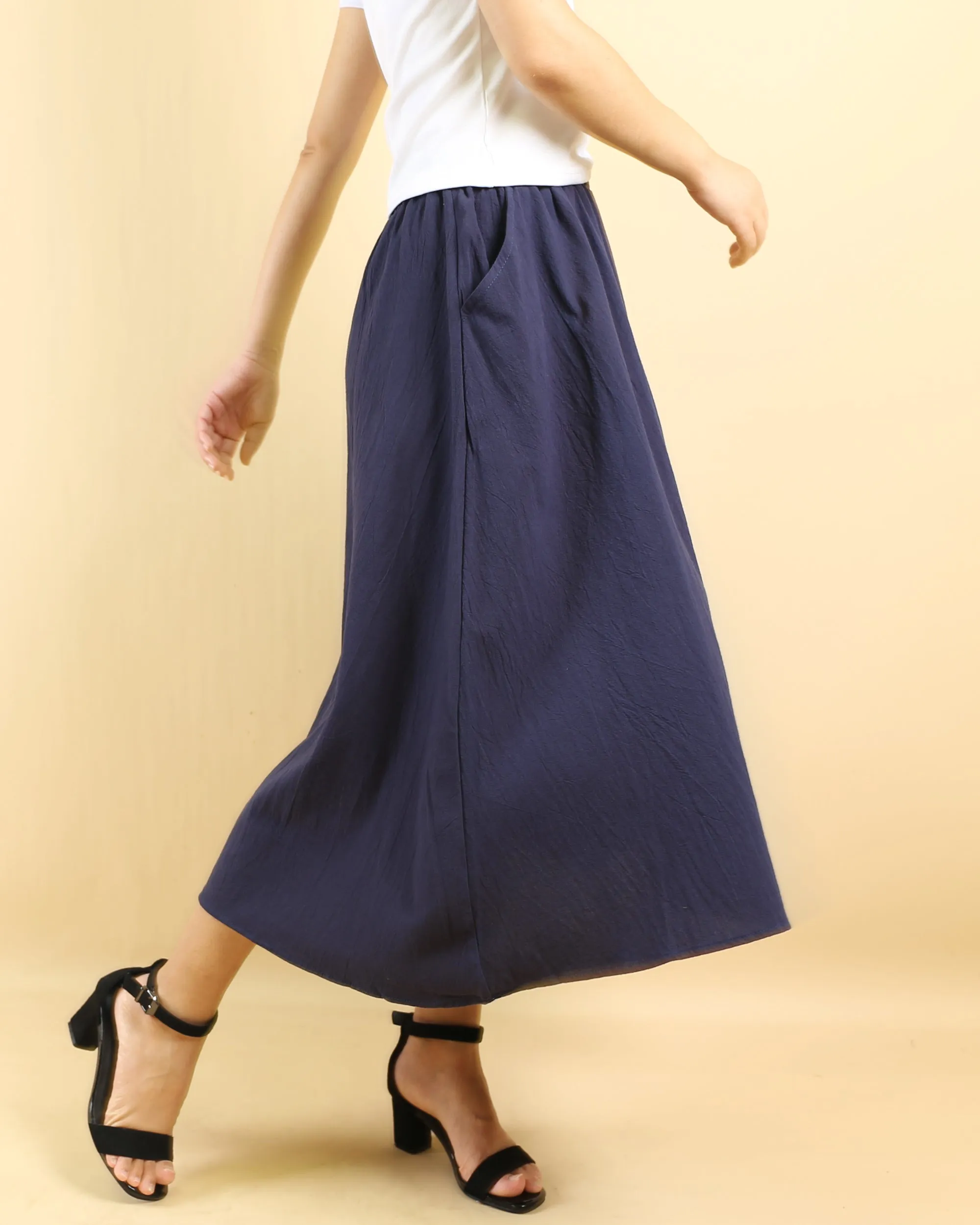 Flared skirt, Elastic waist skirt, Midi linen skirt, Boho skirt with pockets, high waist skirt(Q1062)