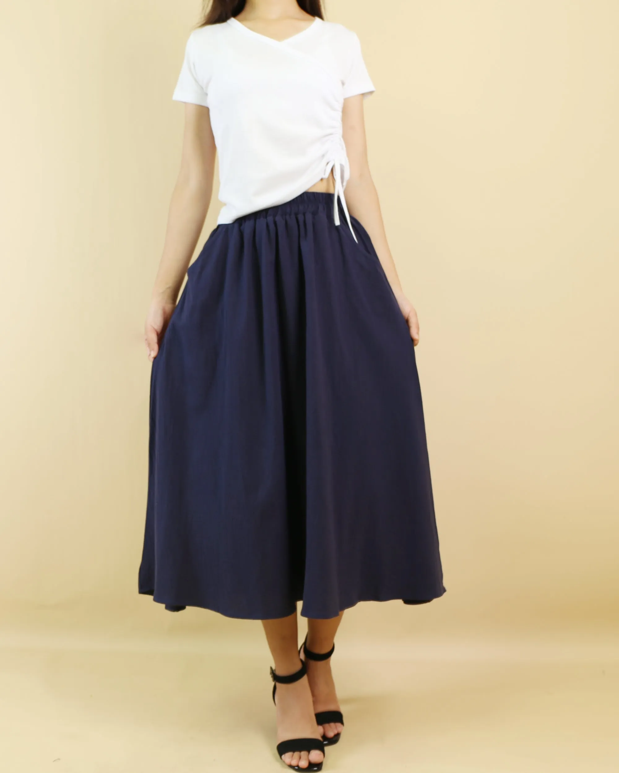 Flared skirt, Elastic waist skirt, Midi linen skirt, Boho skirt with pockets, high waist skirt(Q1062)