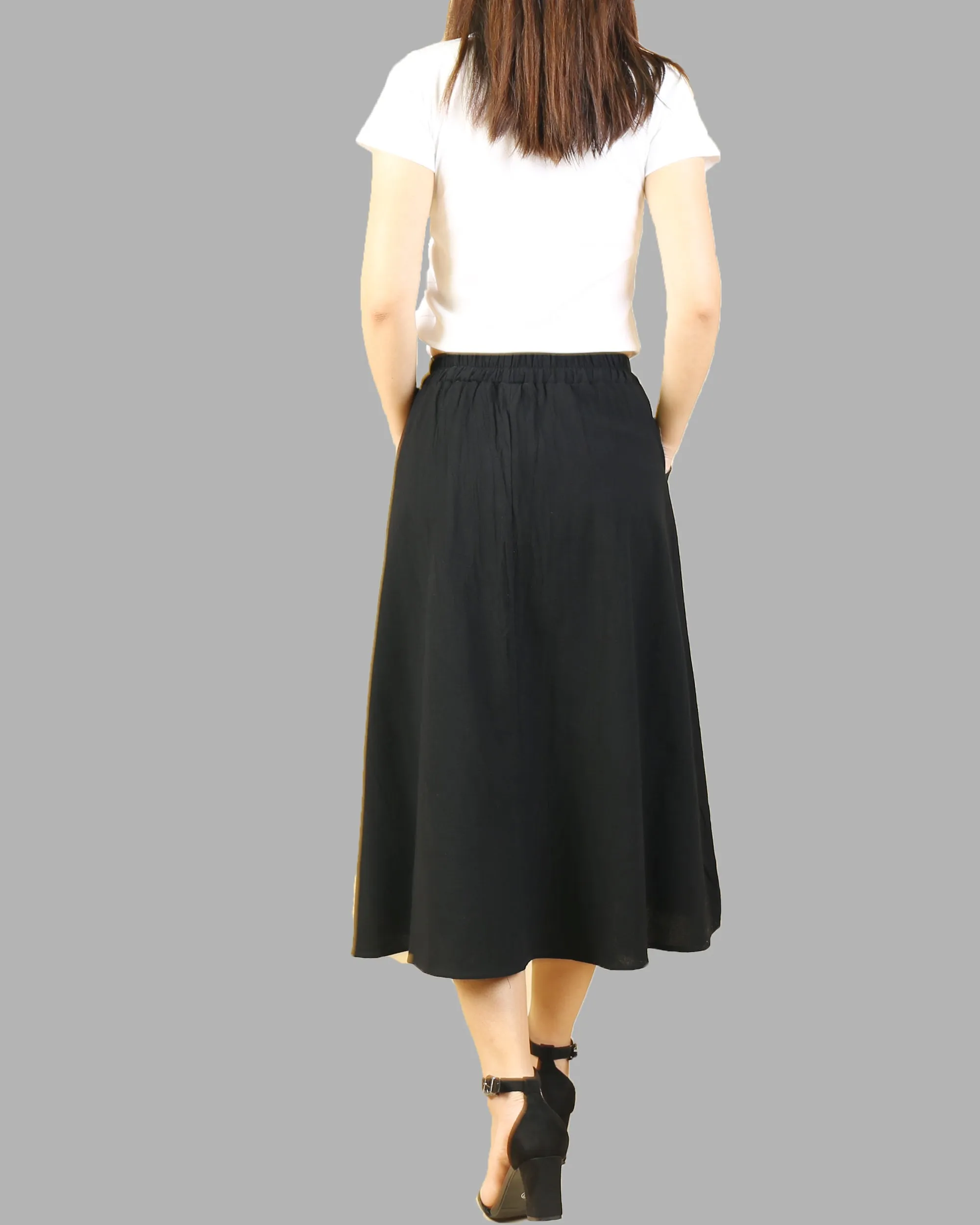 Flared skirt, Elastic waist skirt, Midi linen skirt, Boho skirt with pockets, high waist skirt(Q1062)