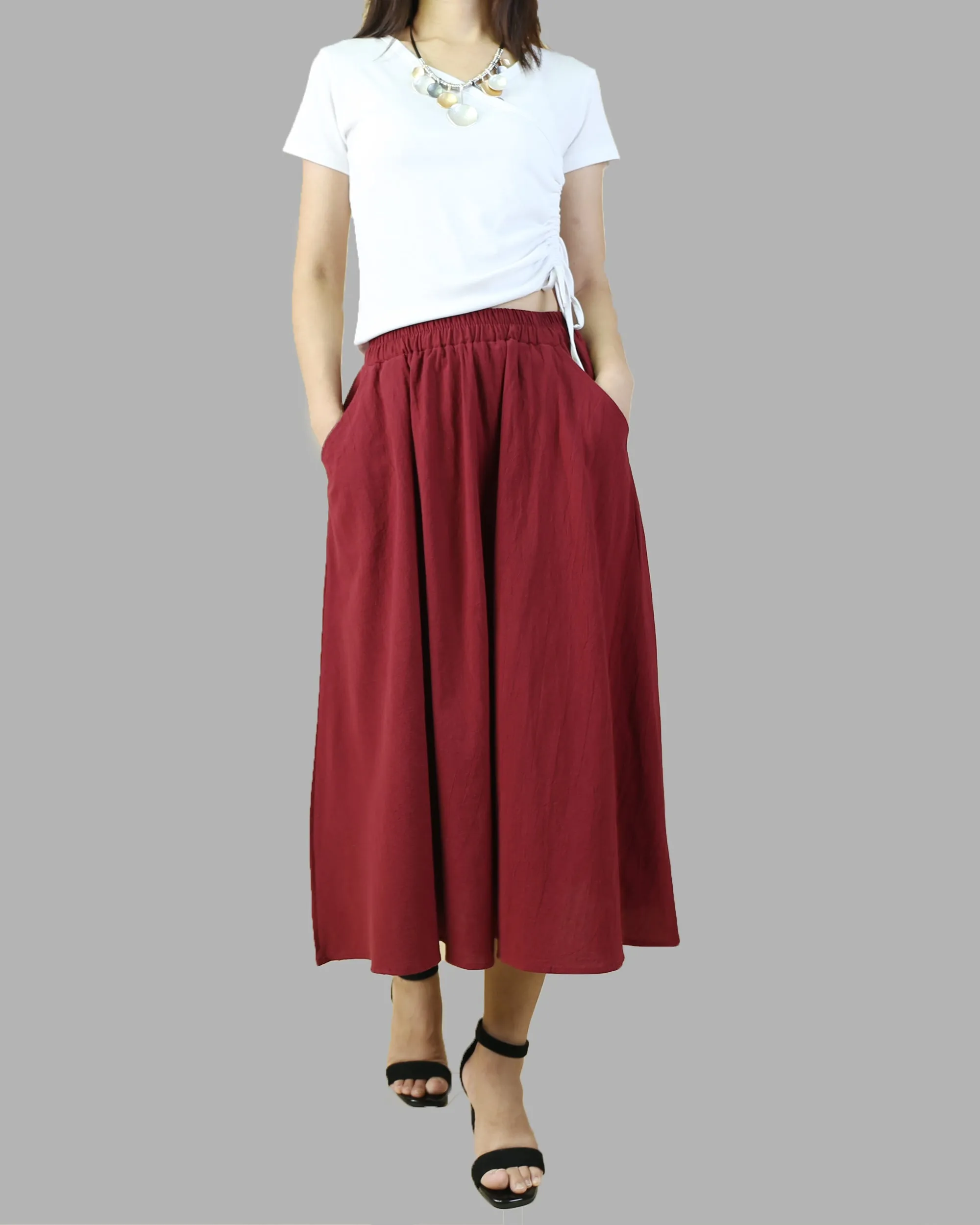 Flared skirt, Elastic waist skirt, Midi linen skirt, Boho skirt with pockets, high waist skirt(Q1062)