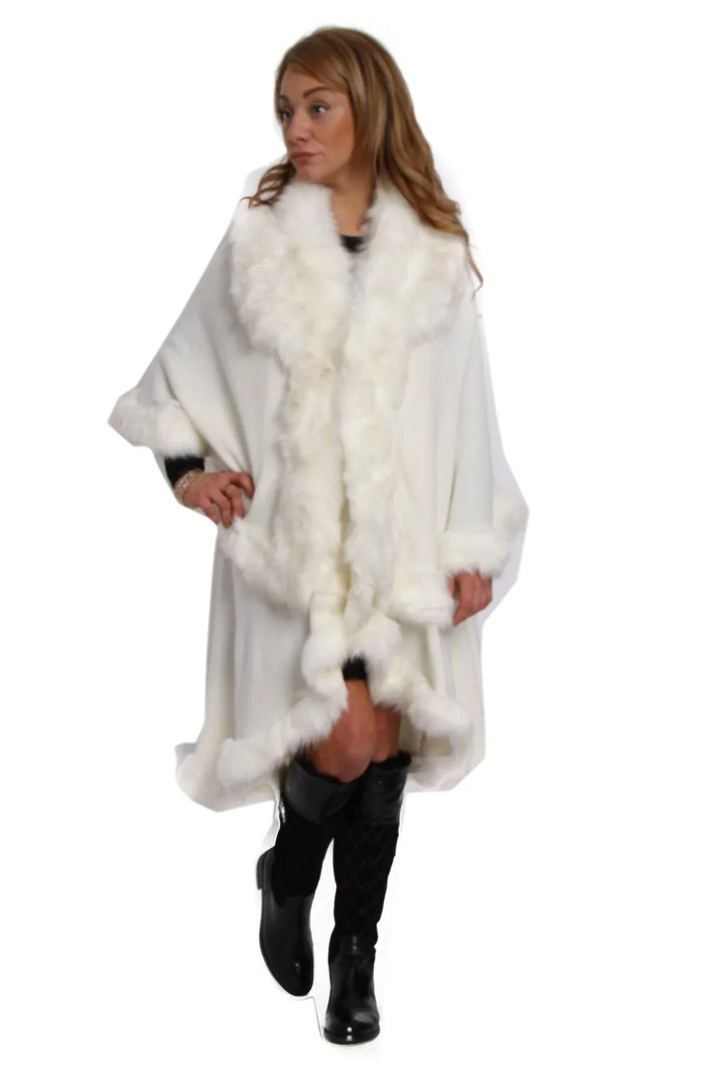 Fluffy Double Layered Faux Fur Trim Poncho