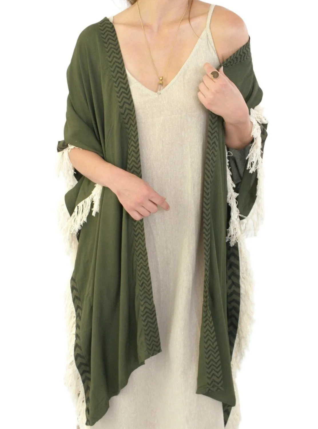 Forest Green Closed-Back Fringe Poncho