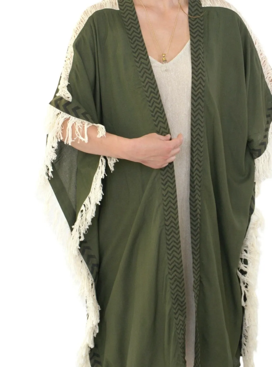 Forest Green Closed-Back Fringe Poncho