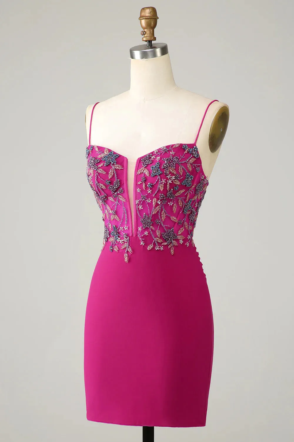 Fuchsia Bodycon Spaghetti Strap Short Homecoming Dress with Beading