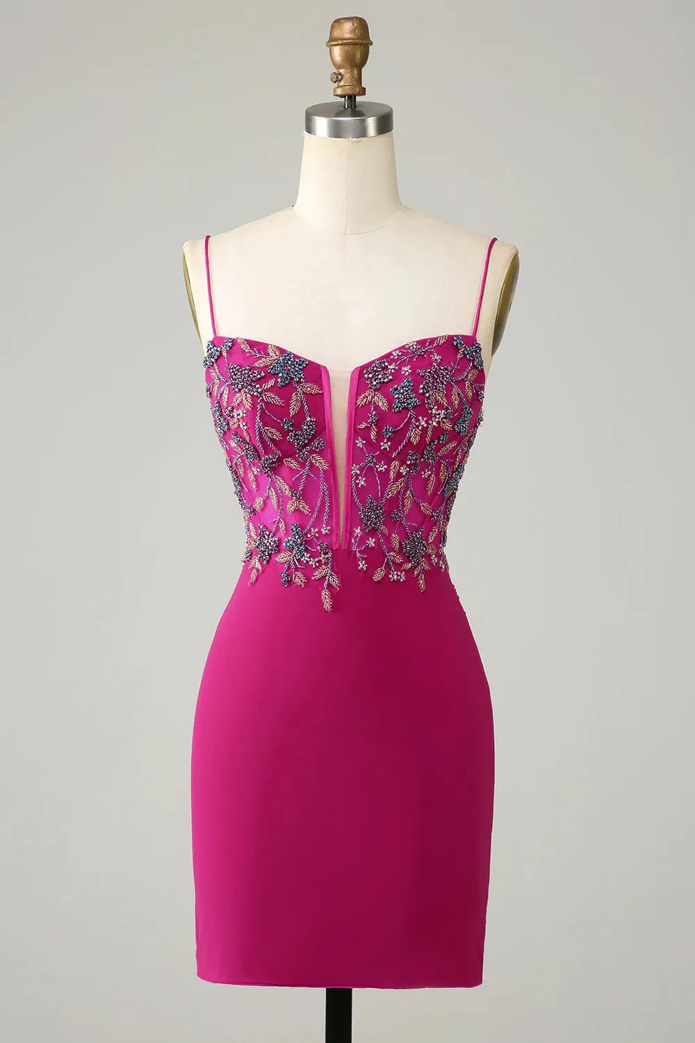 Fuchsia Bodycon Spaghetti Strap Short Homecoming Dress with Beading