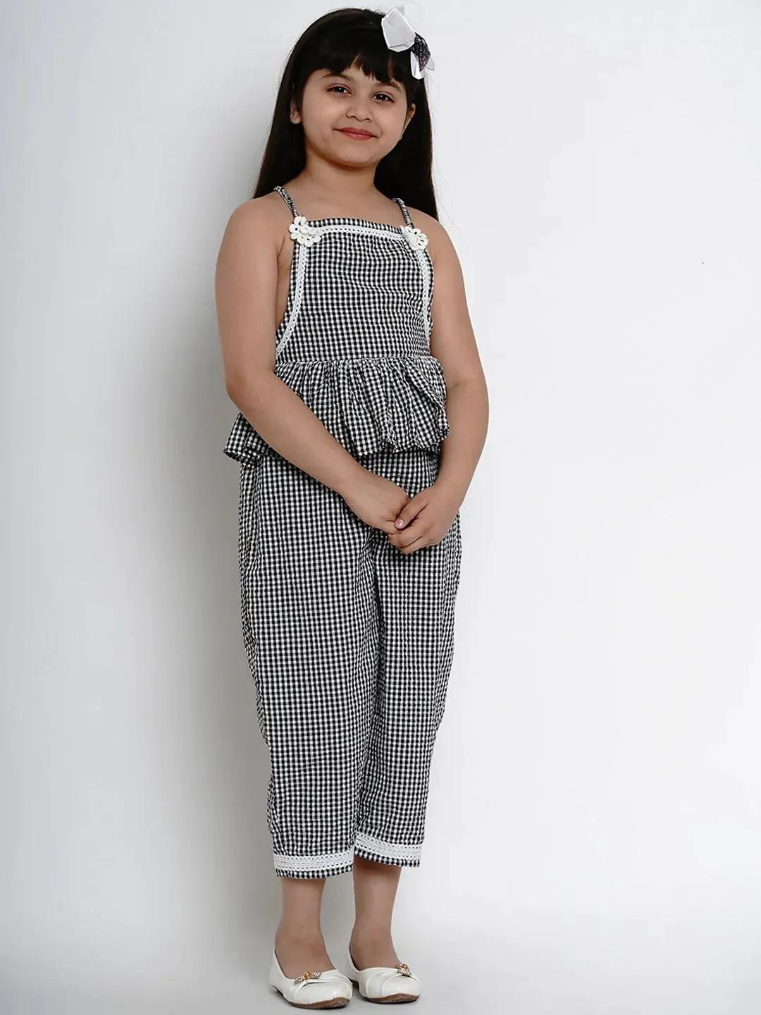 Girls Black & White Checked Basic Jumpsuit