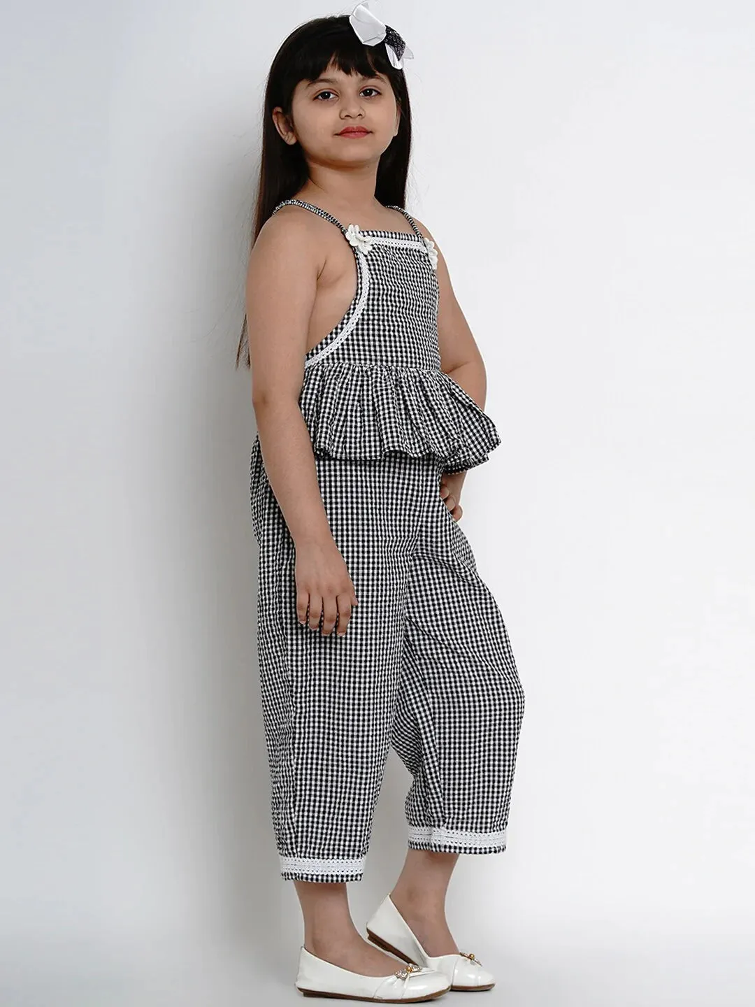 Girls Black & White Checked Basic Jumpsuit