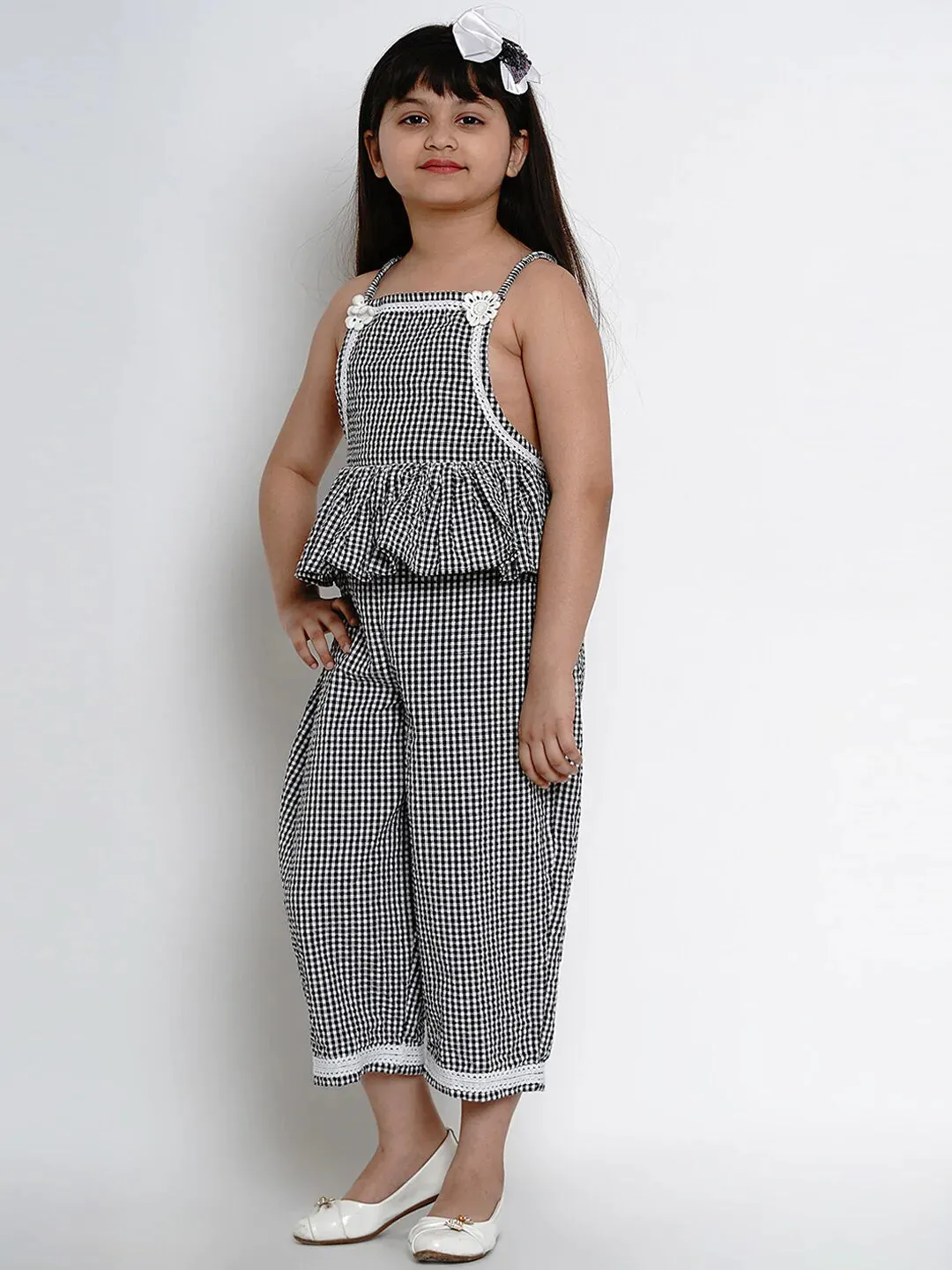 Girls Black & White Checked Basic Jumpsuit