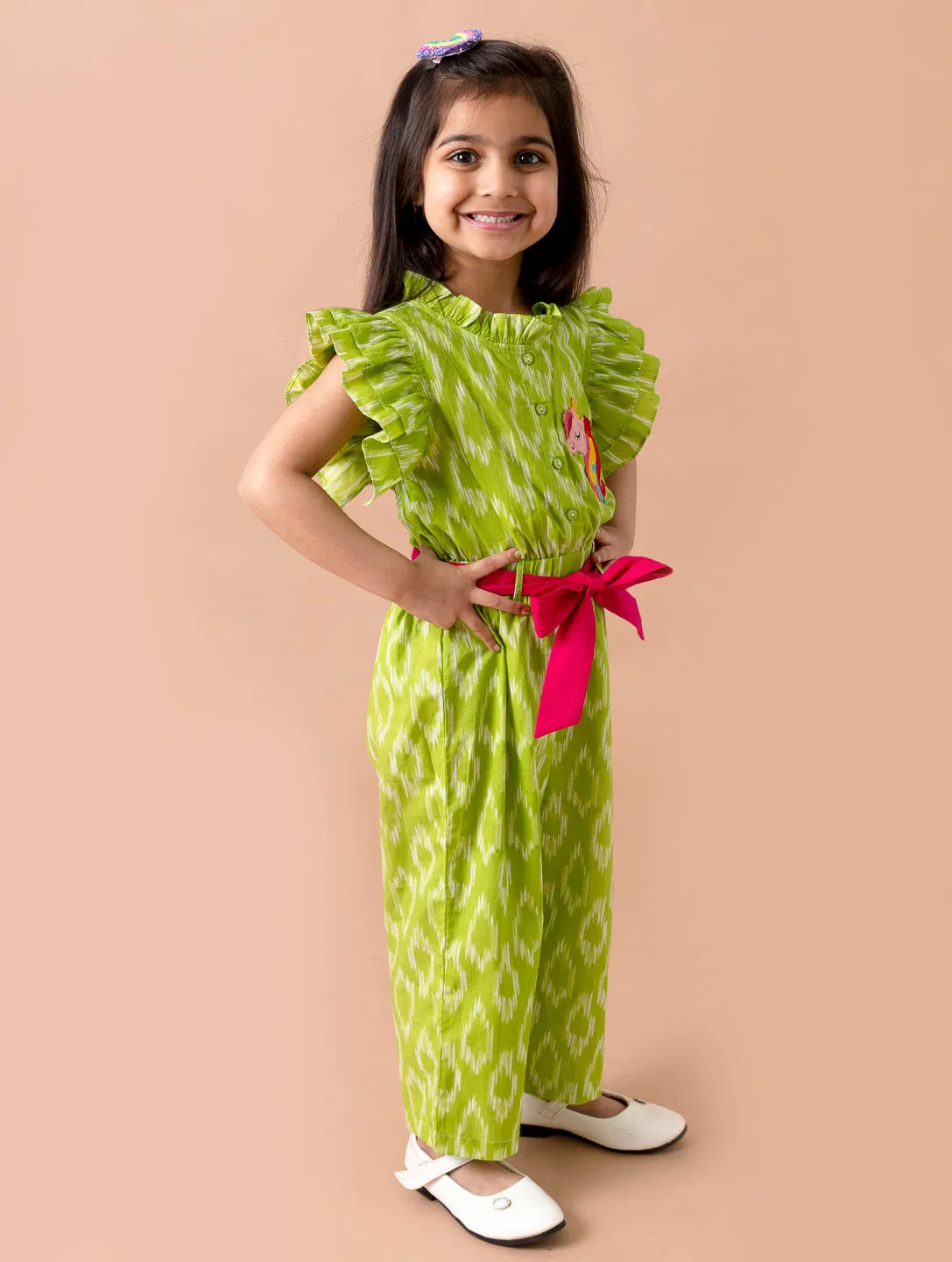 Girls Green Magenta Printed Basic Jumpsuit - Ps Peaches