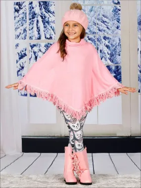 Girls Pink Turtle Neck Sweater Fringe Poncho And Kitty Print Legging Set