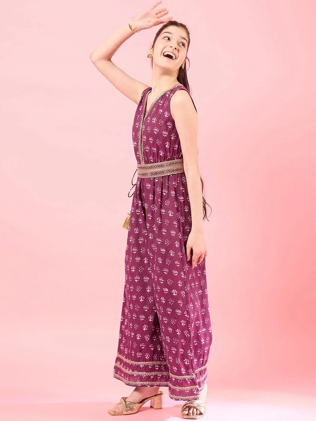 Girls Printed Basic Jumpsuit With Embellished